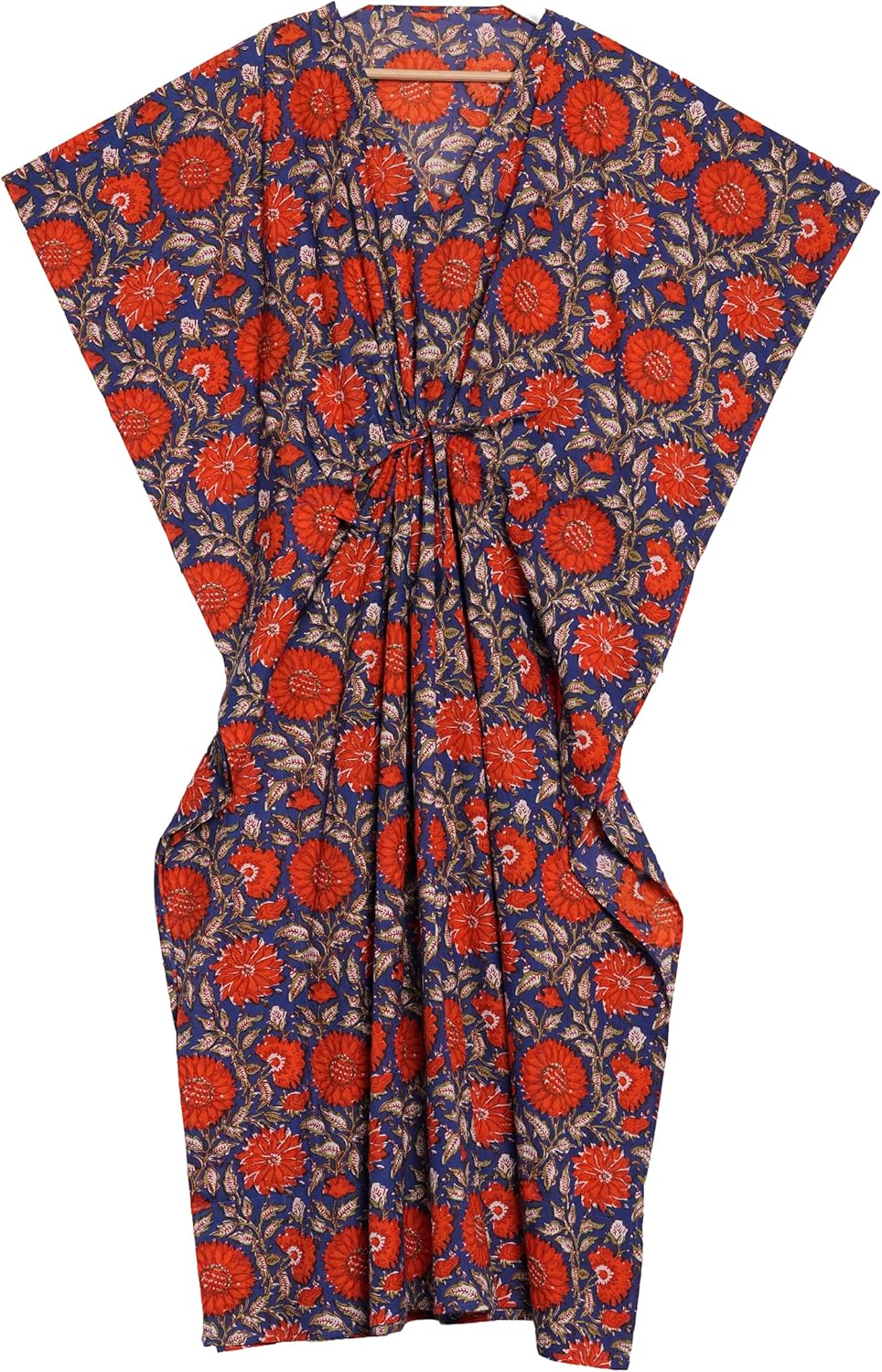 INDACORIFY 100% Cotton Kaftan Dress Floral Casual Long Dress Block Printed Caftan Maxi Gown Summer Tunic Cotton Bikini Coverup Multi