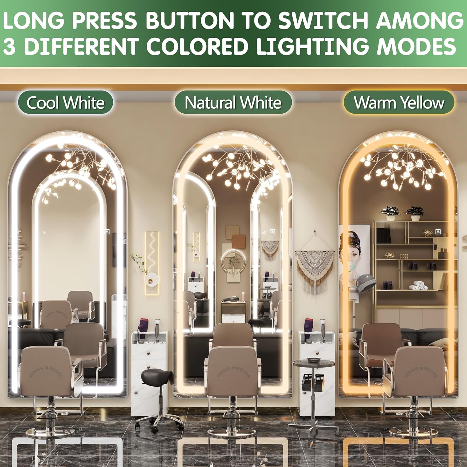 FENNIO Full Length Mirror with Lights, 80" x 36" LED Full Body Mirror, Free Standing Lighted Floor Mirror, Wall Mounted Hanging Mirror for Bedroom, Salon, Dimmable, 3 Color Lighting [Tempered Glass]