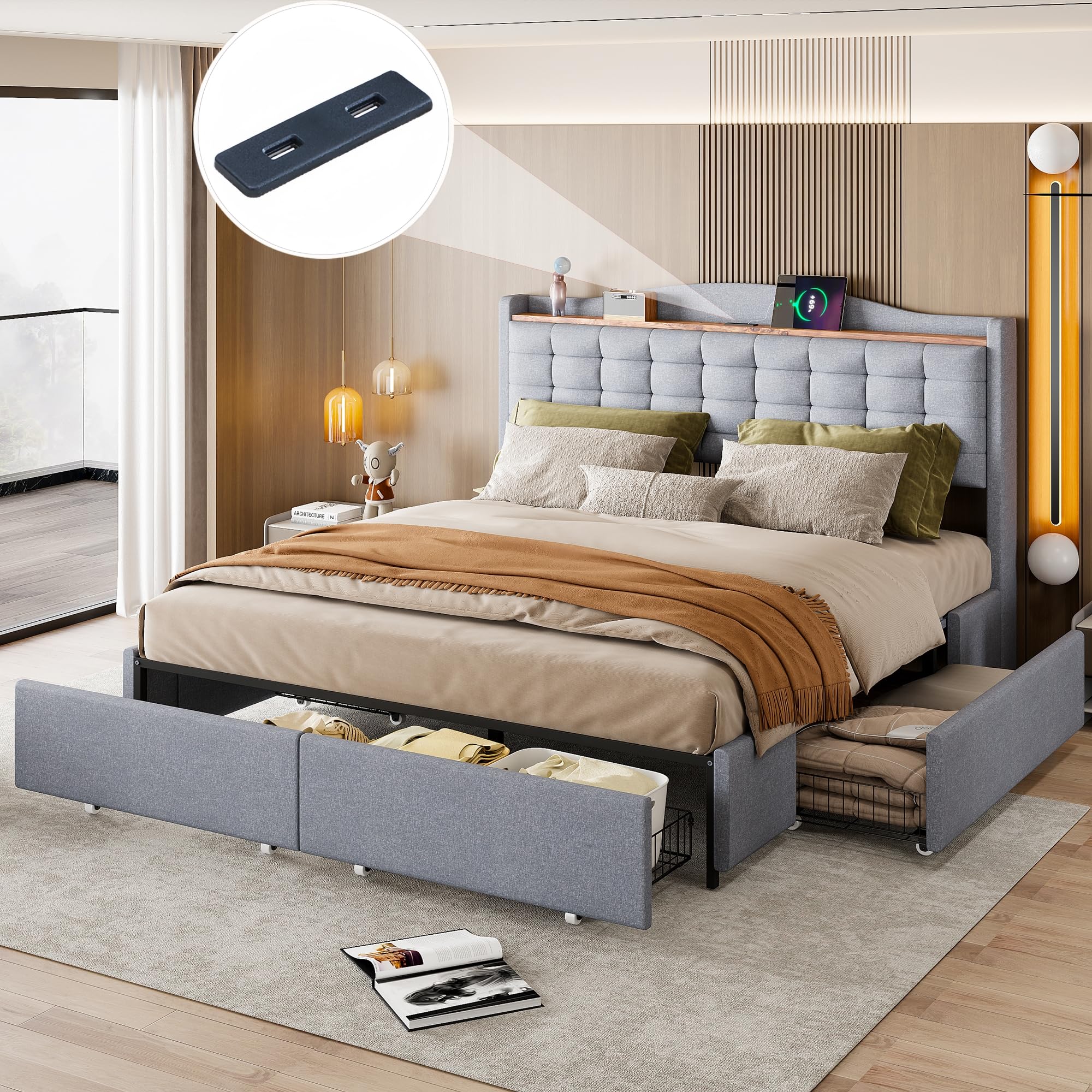 Lit Rembourré 140x200, Lit Double Avec Espace De Rangement Hydraulique Eclairage Led Et Port De Charge Usb C Velours Gris Sans Matelas 96547680