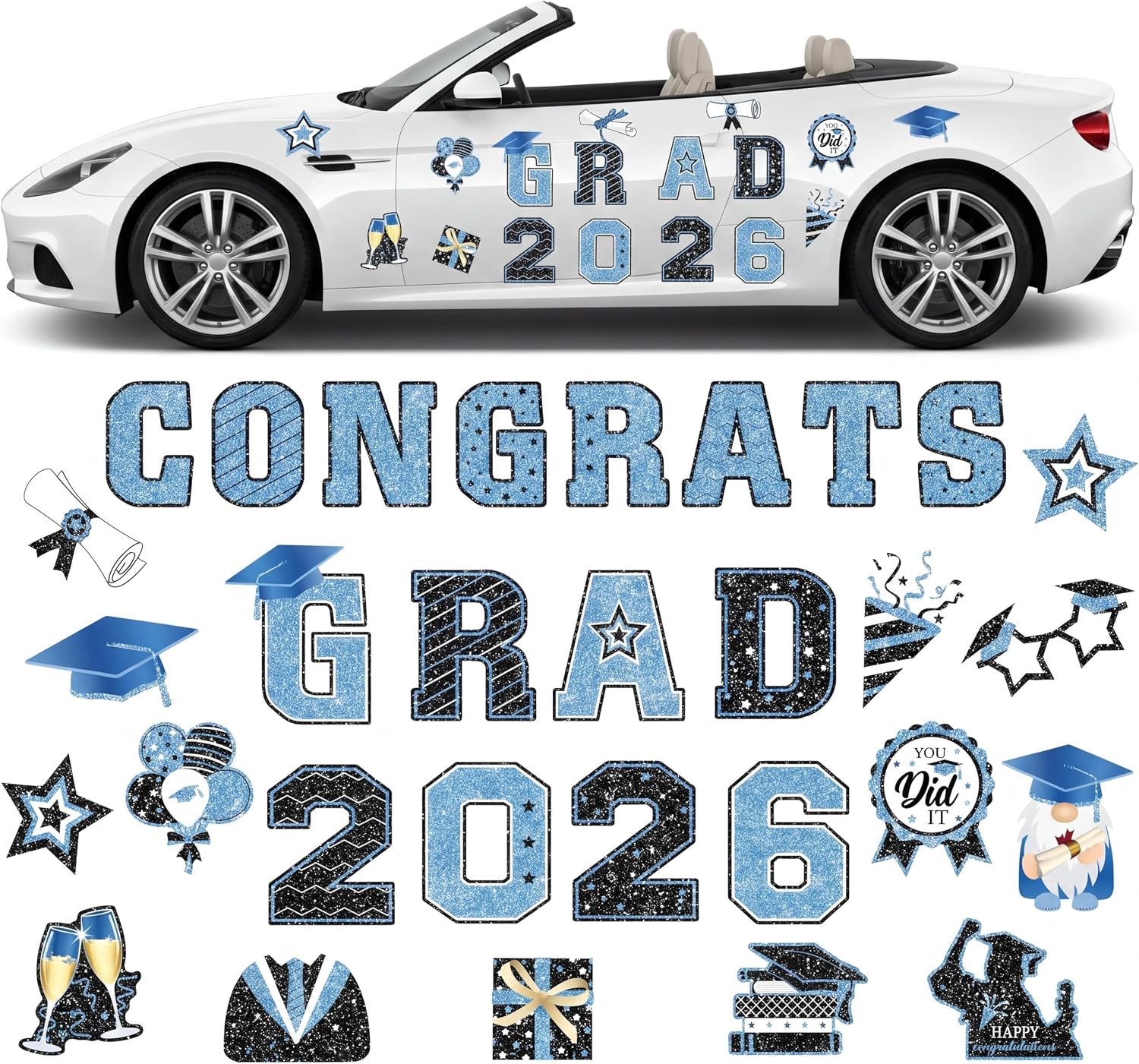Landhoow 30 Pcs Graduation Car Magnets 2026 Senior Graduation Car Decoration Bumper Sticker Congrats Grad Magnet Magnetic Refrigerator Decal for Grad Parade Party Supplies(Light Blue, Black)