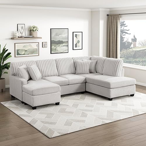 Lexicon Modern Sectional Sofa with Left Chaise, Chenille & Corduroy Upholstery, Reversible Cushions, Removable Covers, 4 Pillows, U Shape Sectional Sofa for Living Room, Taupe