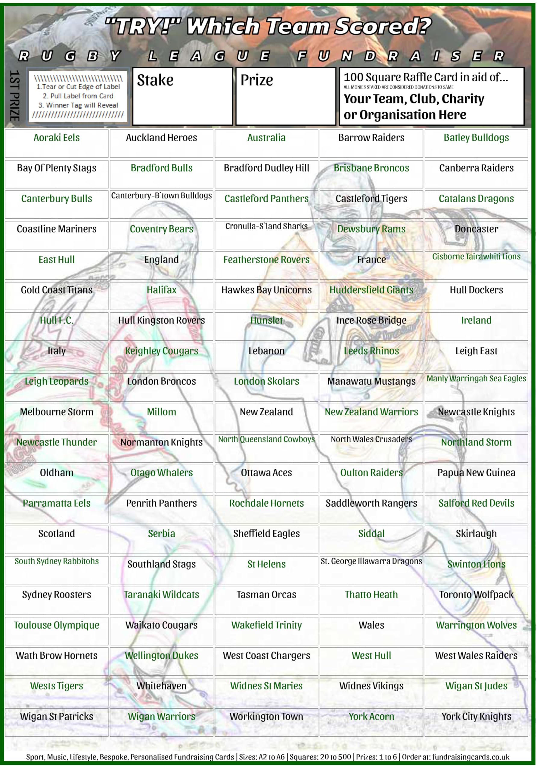 Rugby League Team Fundraising Scratch Card/Raffle/Draw Ticket `Try Scored` from 92p each A4 100 Square (12)