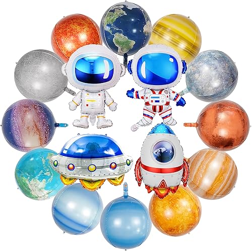 16 globos espaciales de galaxia, decoraciones temáticas exteriores grandes, cohete, nave espacial, astronauta, planeta, globos de aluminio para