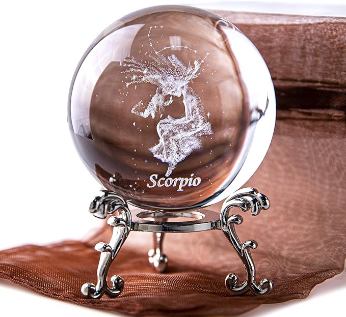 3D Laser Constellation Ball Crystal 60mm Paperweight Full Sphere Glass Fengshui with Sliver-Plated Flowering Stand(Scorpio)