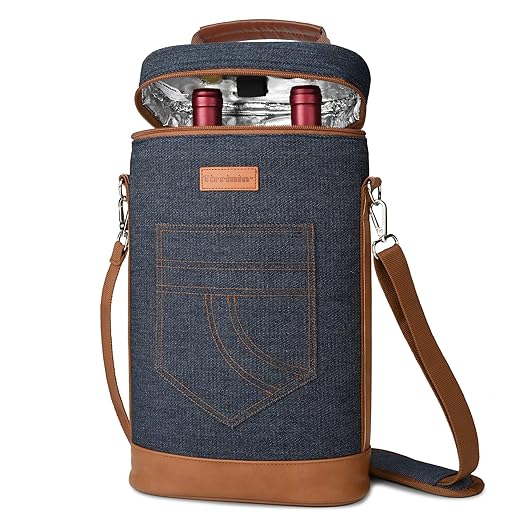 Tirrinia 2 Bottle Wine Gift Tote Carrier - Leakproof & Insulated Padded Versatile Wine Cooler Bag for Travel, BYOB Restaurant, Wine Tasting, Party, Dinner, Gift for Wine Lovers, Dark Blue