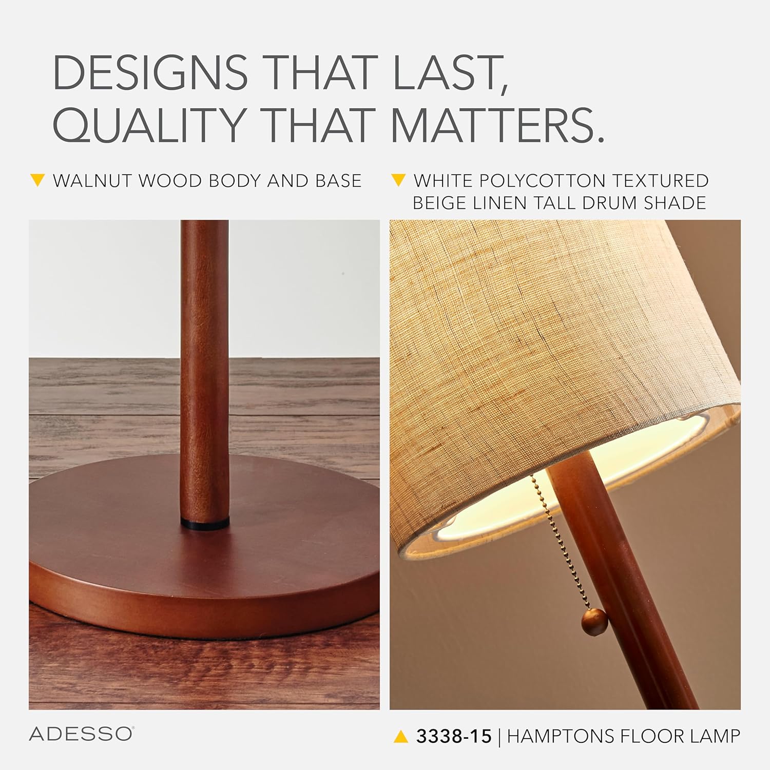 Adesso Floor Lamp with Walnut Wood Finish and Beige Linen Lampshade – Mid-Century Modern Bedroom, Home Office Lighting, or Living Room Decor, 65” x 16”