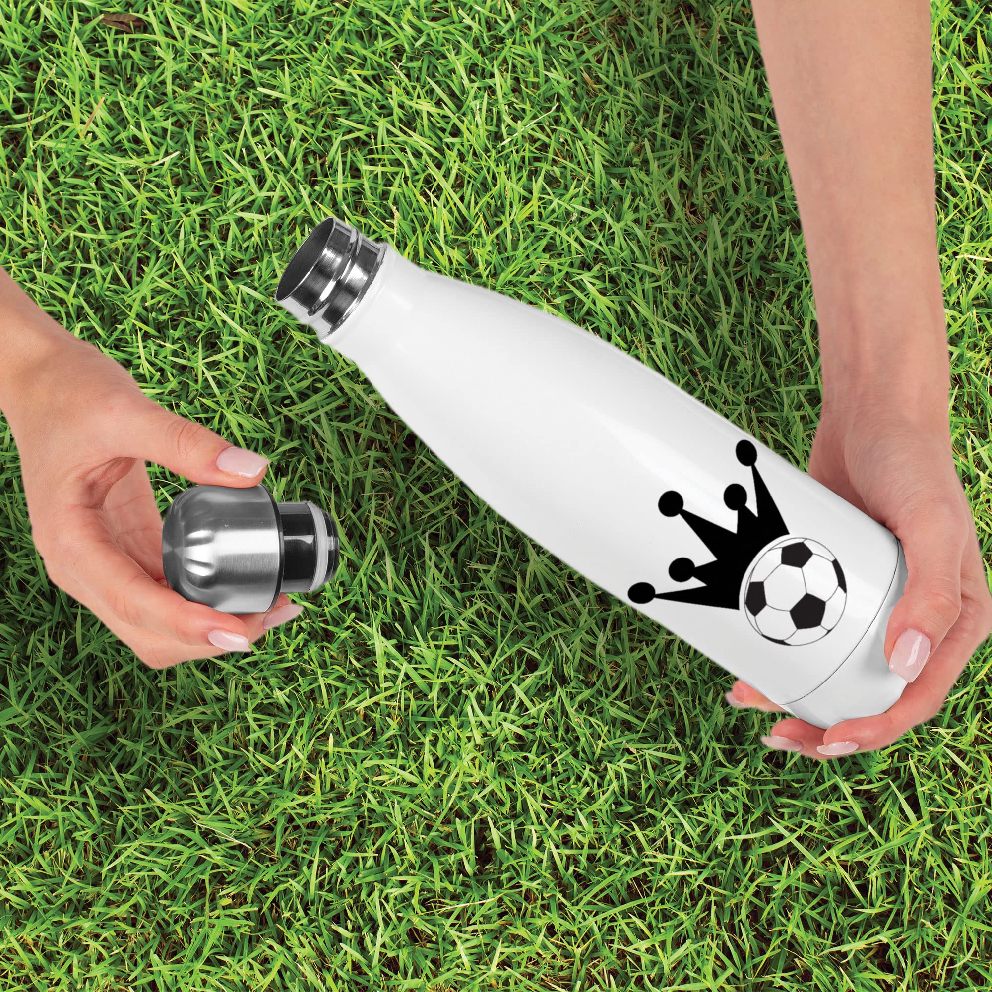 Weiße Thermosflasche mit Fußball-Motiv