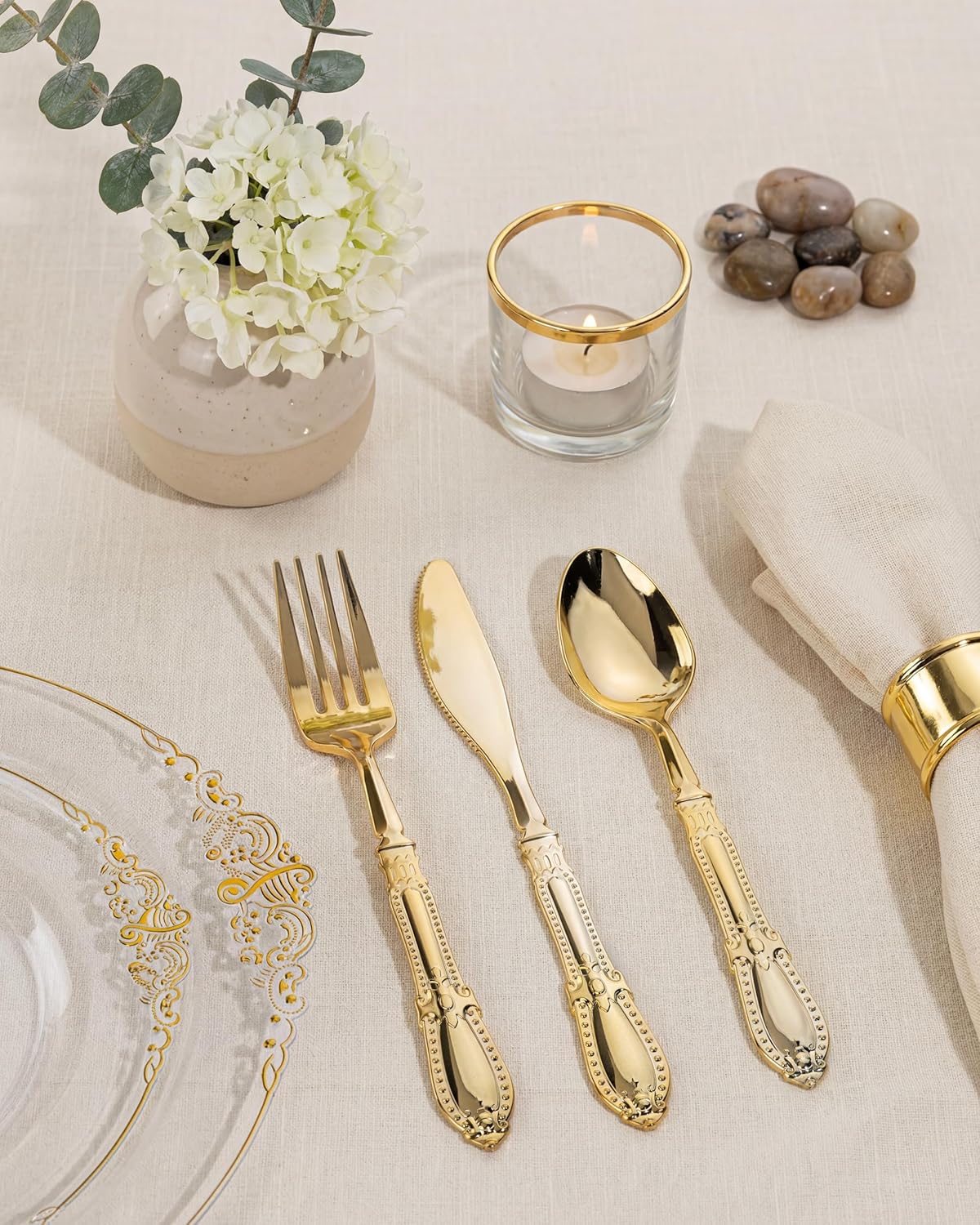 Morejoy 350PCS Clear and Gold Plastic Plates - Clear Plastic Dinnerware Set Include 50Dinner Plates, 50Dessert Plates 150Cutlery, 50Cups, 50Napkin Perfect for Party & Wedding