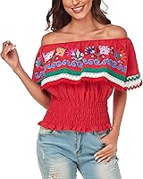 Vista 4 de YZXDORWJ Camisa con hombros descubiertos bordados mexicanos para mujer