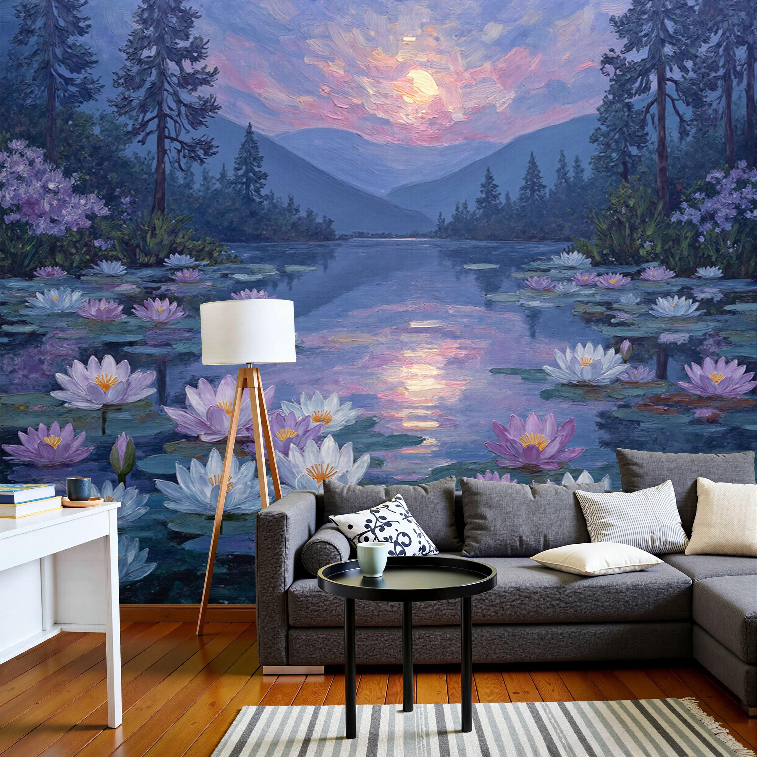 Papier peint panoramique ciel nocturne et décor de lotus en impression 3D personnalisé 200x140
