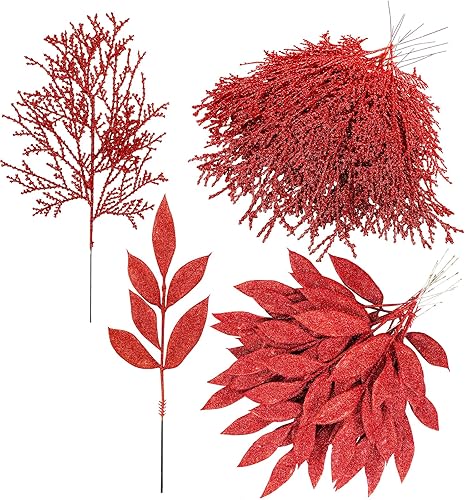 Miniatura 10 de Winlyn 30 piezas de hojas artificiales de Navidad en aerosol, púas de cedro, adornos dorados para árbol de Navidad, tallos florales para coronas de