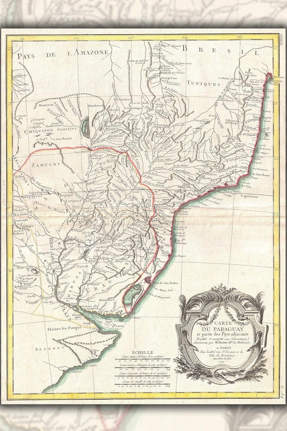 History Galore 16"x24" Gallery Canvas, 1771 Bonne Map of Paraguay, Uruguay, and Brazil