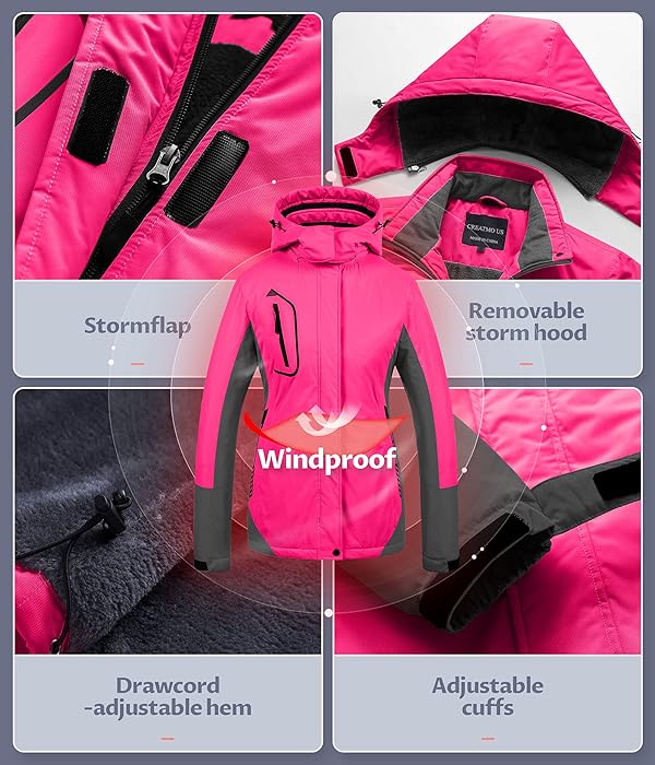 CREATMO US Women's Raincoat Windbreaker Snow Hooded Ski Jacket Rose Red XX-Large by CREATMO US - Image 5