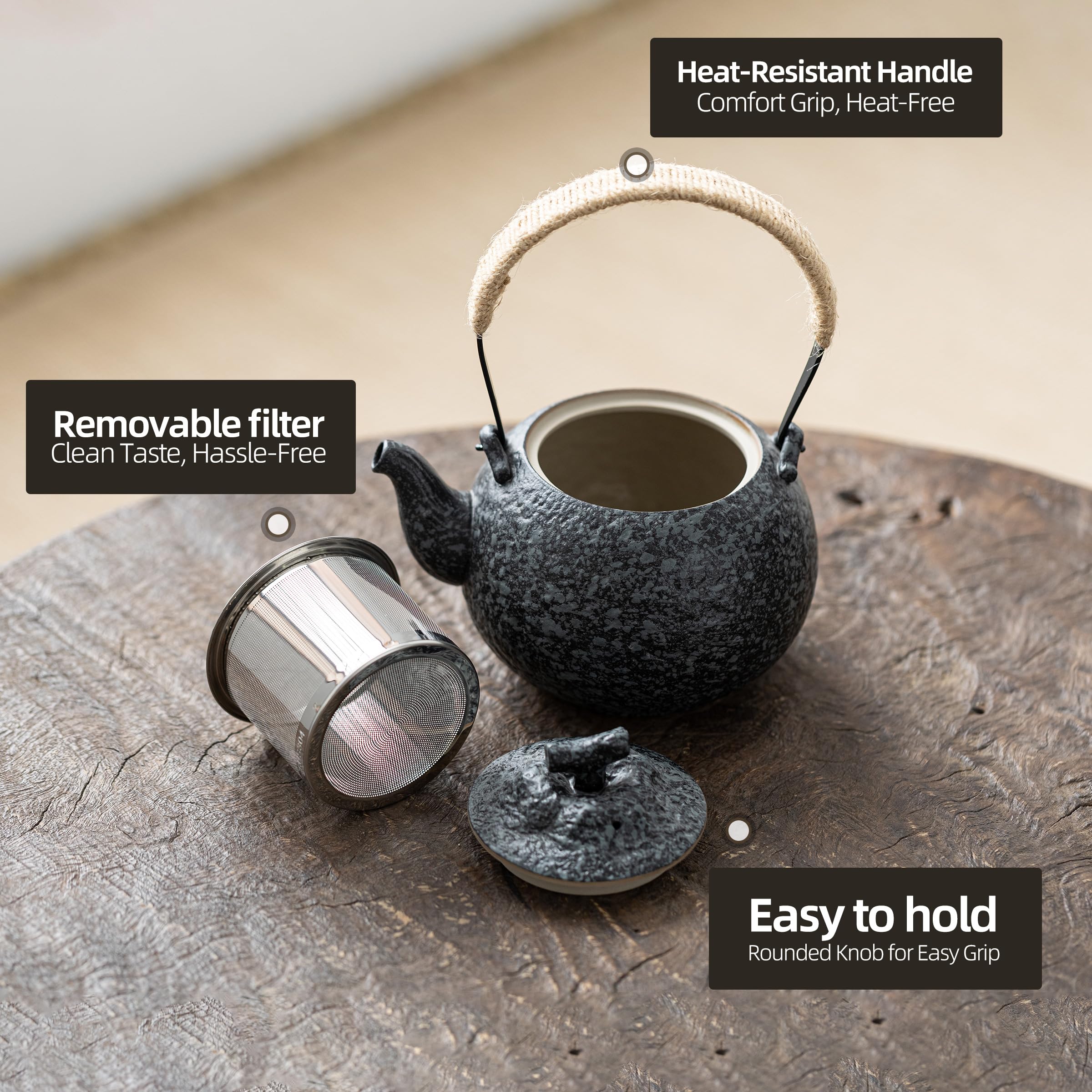 TEANAGOO Juego de té japonés portátil, juego de té de porcelana de viaje gris carbón, 1 tetera (700ml/25oz) + 4 tazas de té(205ml/7.2oz), U2, estuche de almacenamiento para bandeja de té