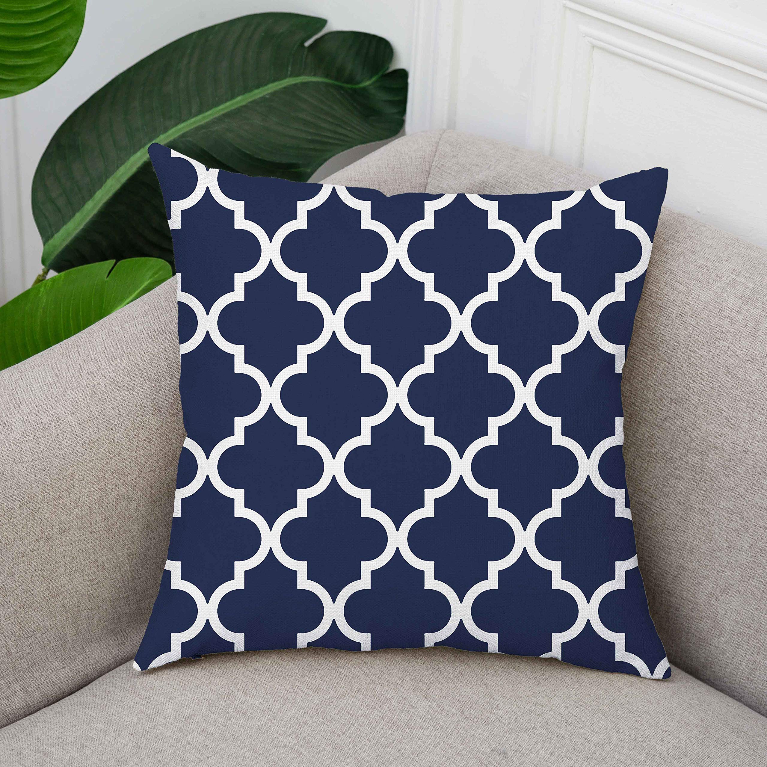 TAOSON Pack of 2 Canvas Throw Cushion Cover Pillow Covers Cases for Couch Sofa Home Decor Modern Quatrefoil Accent Geometric with Hidden Zipper Closure Only Cover 18 x 18 Navy Blue White
