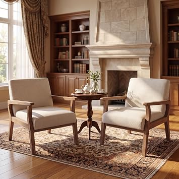 Beige Accent Chairs Set of 2 - Mid Century Modern Chair for Living Room, Bedroom - Armchair Wood Frame Linen Upholstered Side Chair Cream