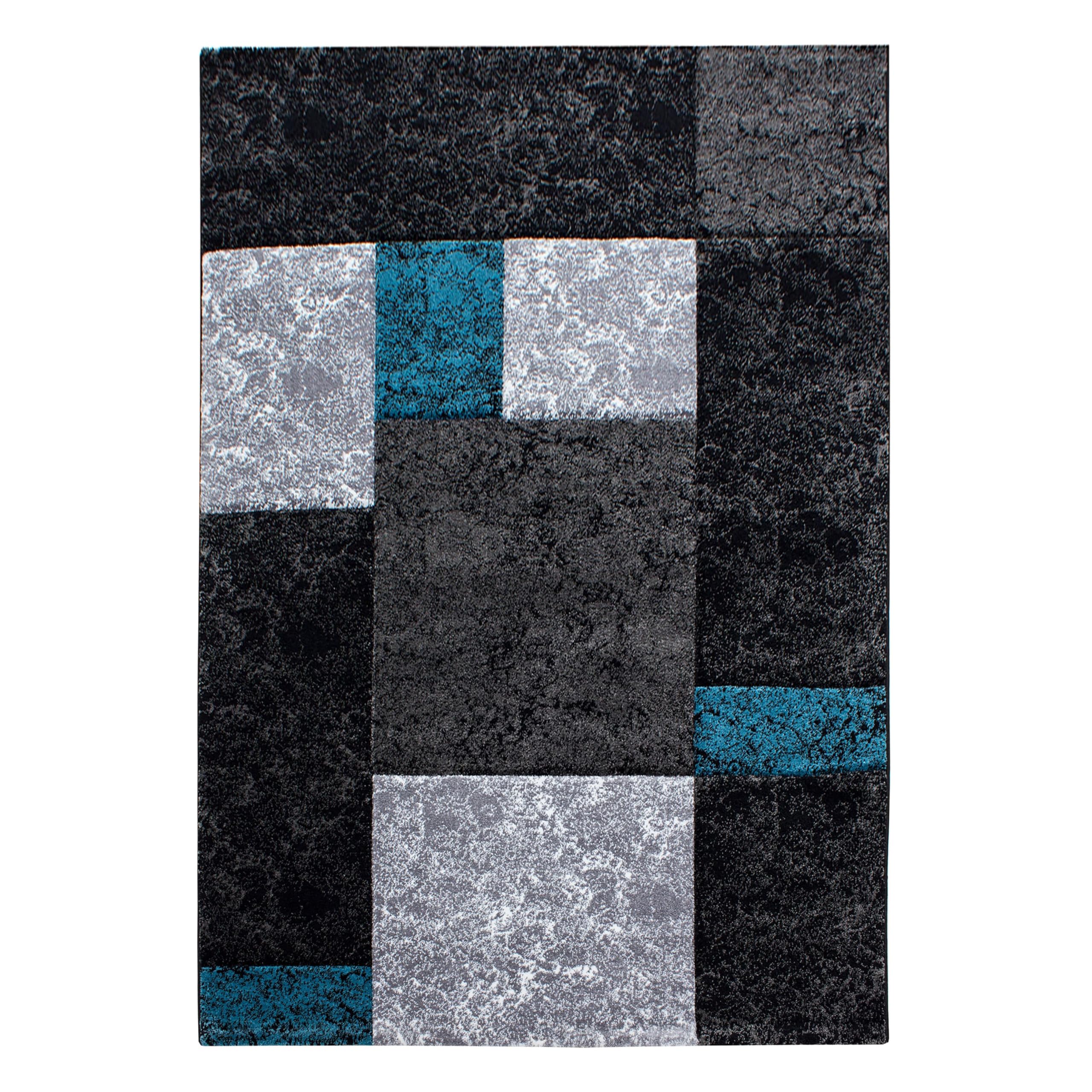 HomebyHome Teppich 120x170 cm Kurzflor Konturenschnitt in Schwarz Grau Blau Kariertes Design, Extra Weich, Waschbar, Pflegeleicht Für Wohnzimmer, Schlafzimmer, Esszimmer