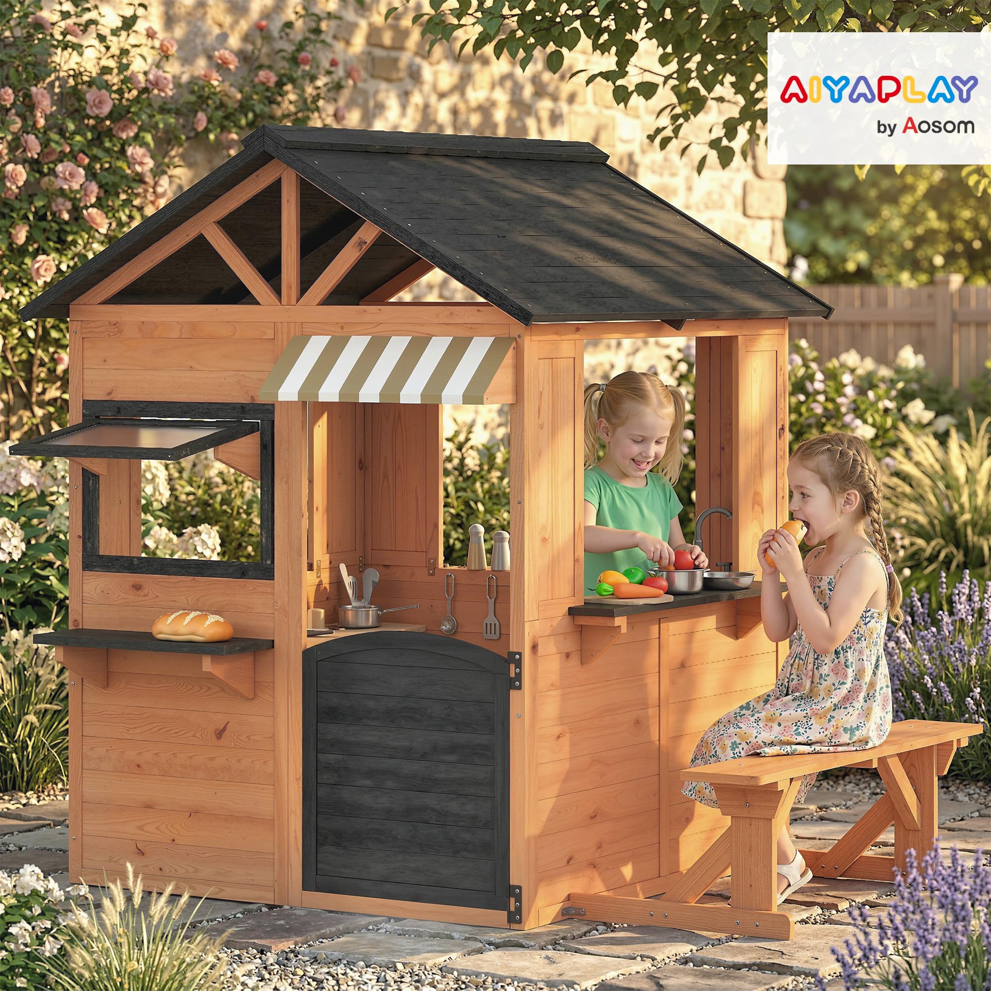 AIYAPLAY Casita Infantil Exterior e Interior de Madera, Casita Infantil Grande con Cocina de Juguete, Banco de Picnic, Ventanas de Servicio, Media Puerta, Casa de Jardín para Niños de 3-8 Años, Marrón