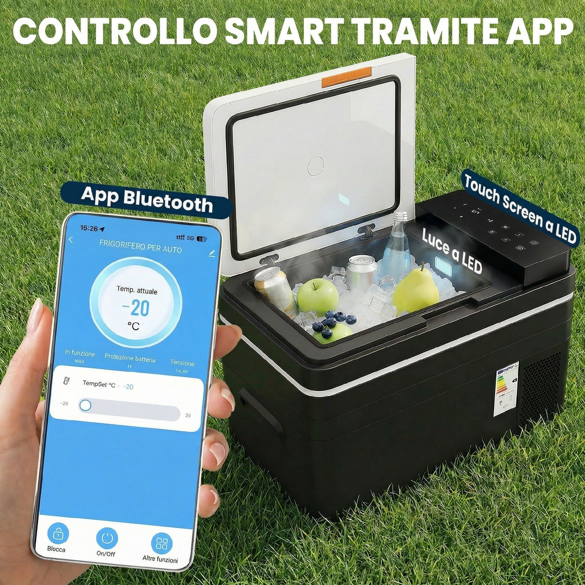 Outsunny Frigorifero Portatile per Auto 30L con Compressore, Frigo Portatile Elettrico Anti-Shock, APP Bluetooth, 12/24V DC e 100-240V AC, -20°C a 20°C, per Campeggio Camion Barca Camper, Nero