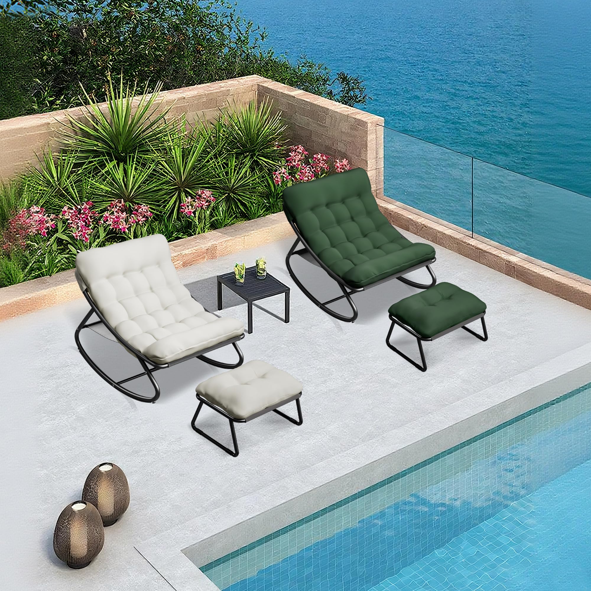 Schaukelstuhl Ergonomisch mit Fußstütze, XXL Schwingsessel mit Kissen, Schaukelstuhl Garten Schaukelsessel Wohnzimmer Relaxstuhl, Weich, bis 150 kg, Schaukelliege für Schlafzimmer Balkon (Weiß)