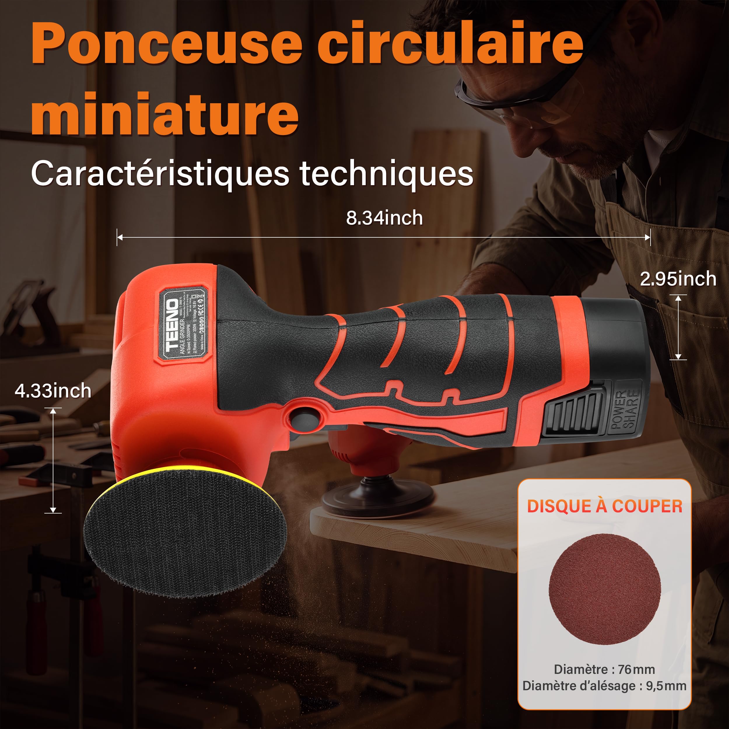 Ponceuse Polisseuse sans Fil 16,8 V, Mini Orbitale 76 mm avec Batteries