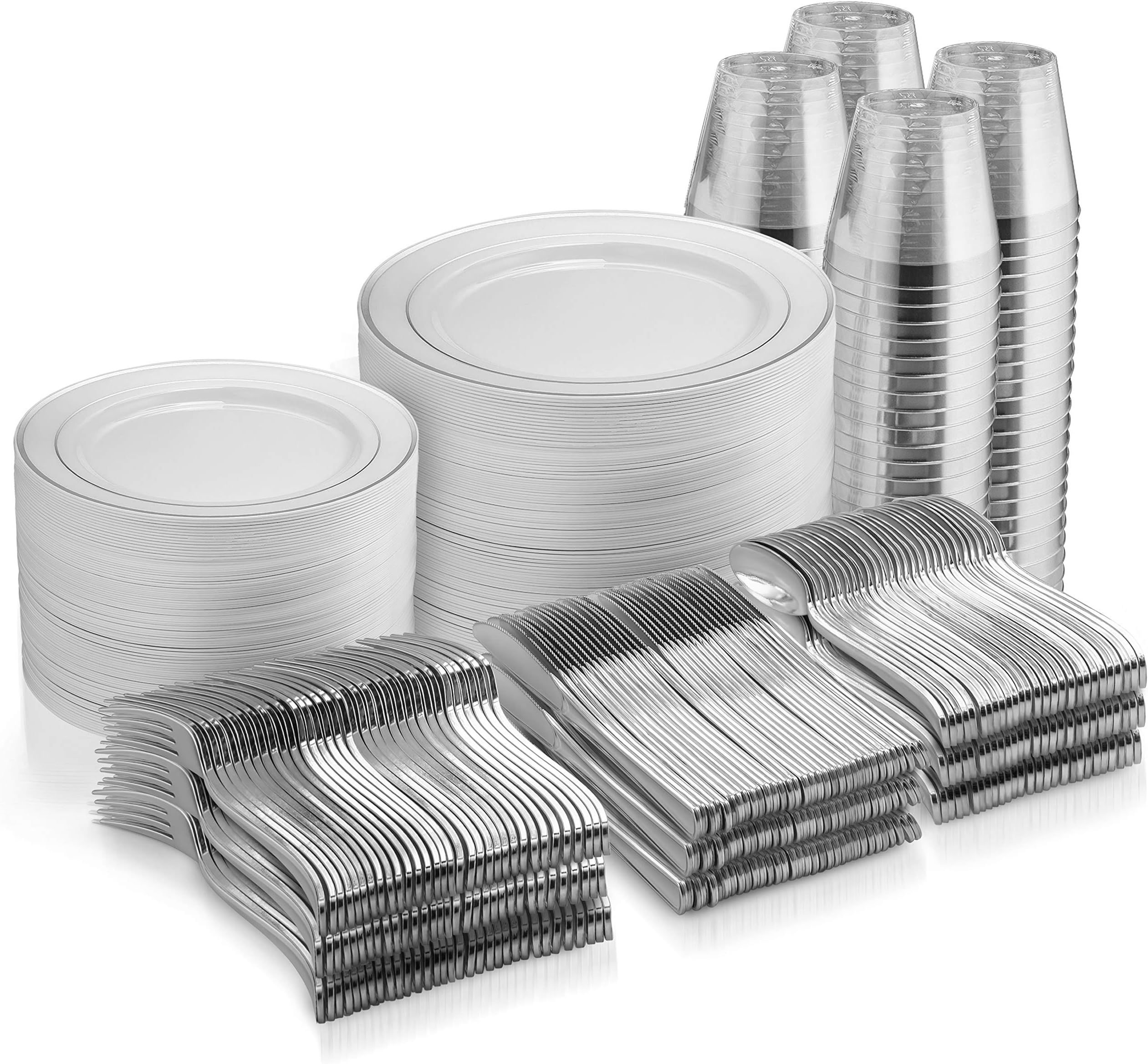 600 Piece Silver Dinnerware Set -100 Silver Rim 10 inch Plastic Plates 100 Silver Rim 7 Inch Plates -300 Silver Plastic Silverware -100 Silver Plastic Cups -100 Guest Disposable Silver Dinnerware Set
