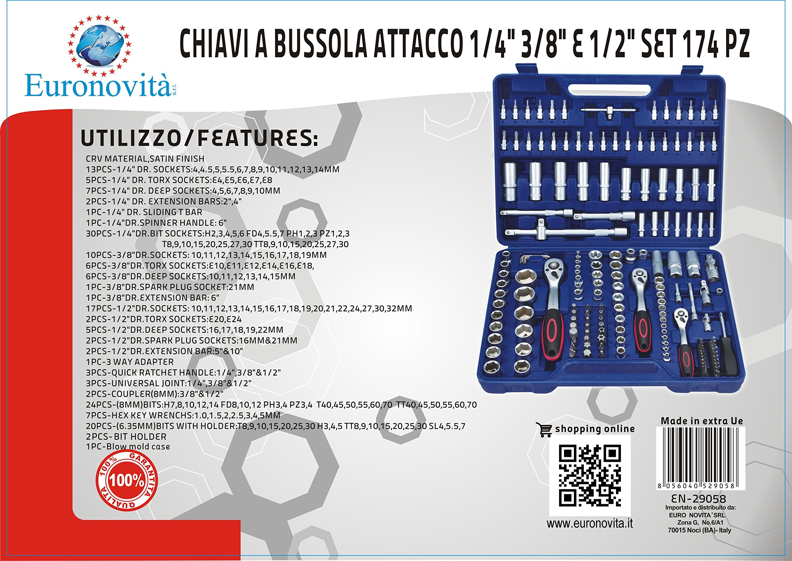 EN-29058 Set Chiavi Combinate a Cricchetto, 174 Pezzi Chiavi a Bussola con inserti, Set Utensili a Mano per lavoro