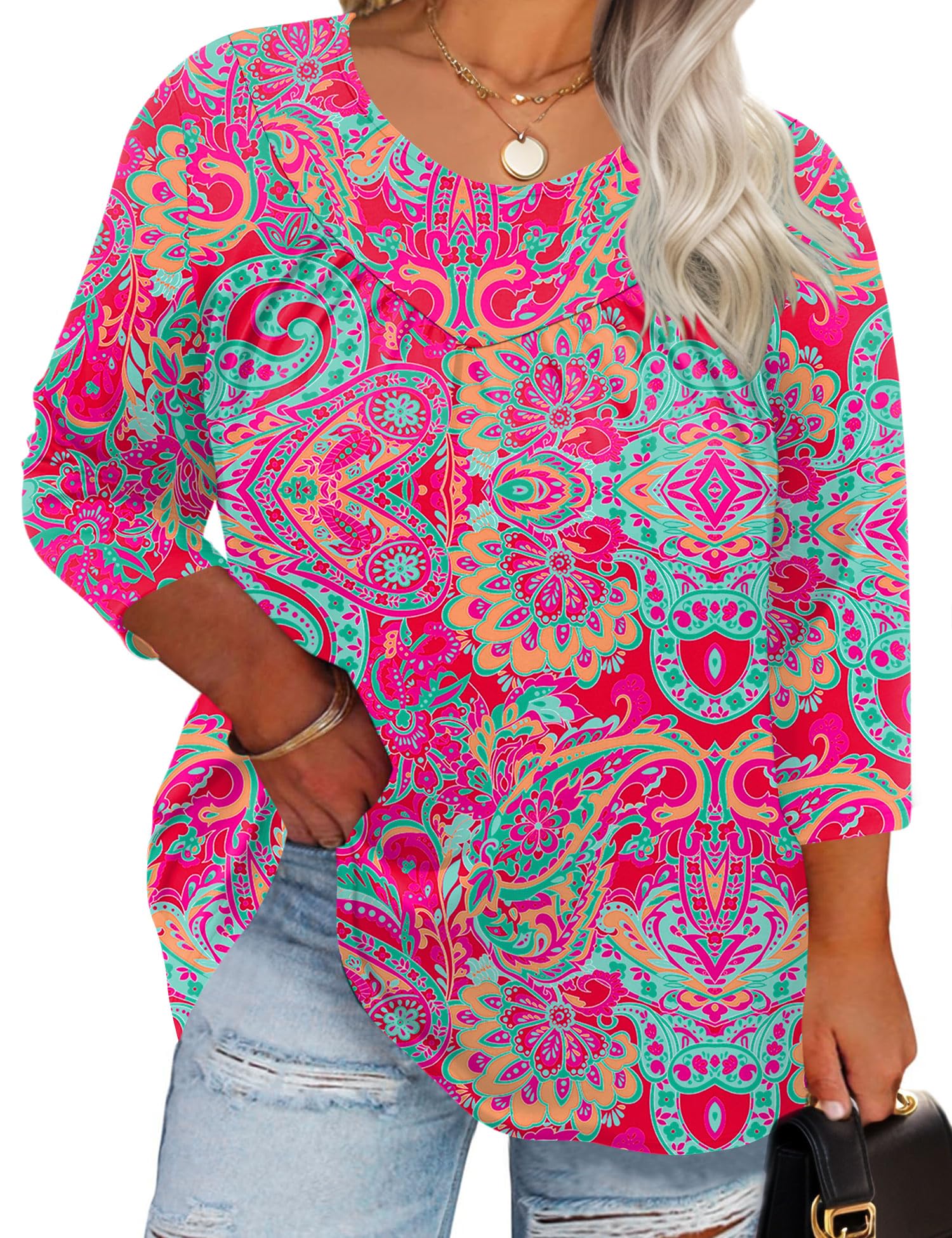 TFSDOD Womens Plus Size Tops 3/4 Length Sleeve Blouses Crew Neck Shirts Casual Loose Tunic Tops 1X-5X