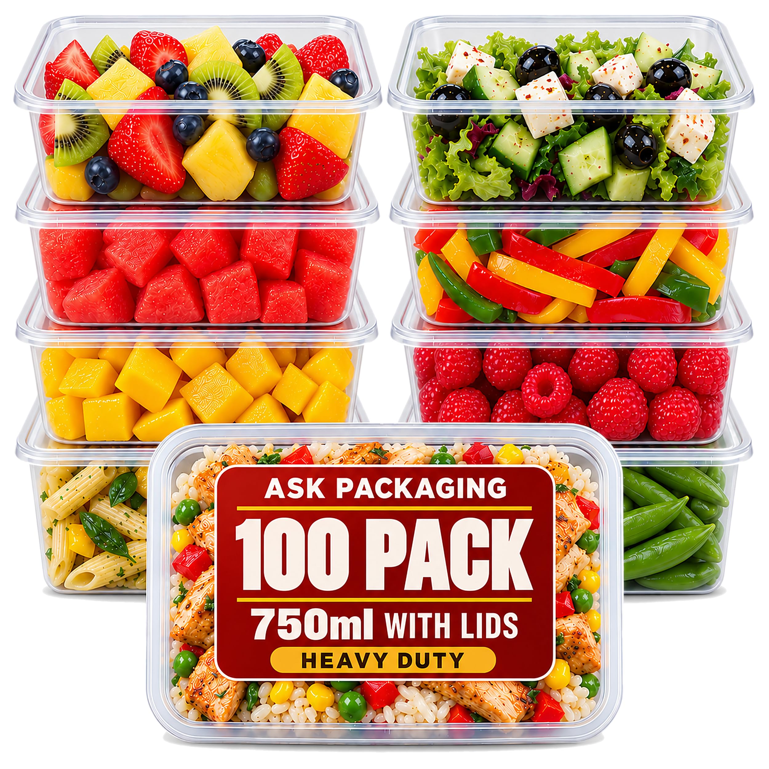 Ask Packaging 100 x 750ml Plastic Food Containers with Lids – Reusable Heavy Duty Microwave Safe Takeaway Meal Prep containers – Freezer Safe Catering Grade Food Storage Boxes for Home & Everyday Use