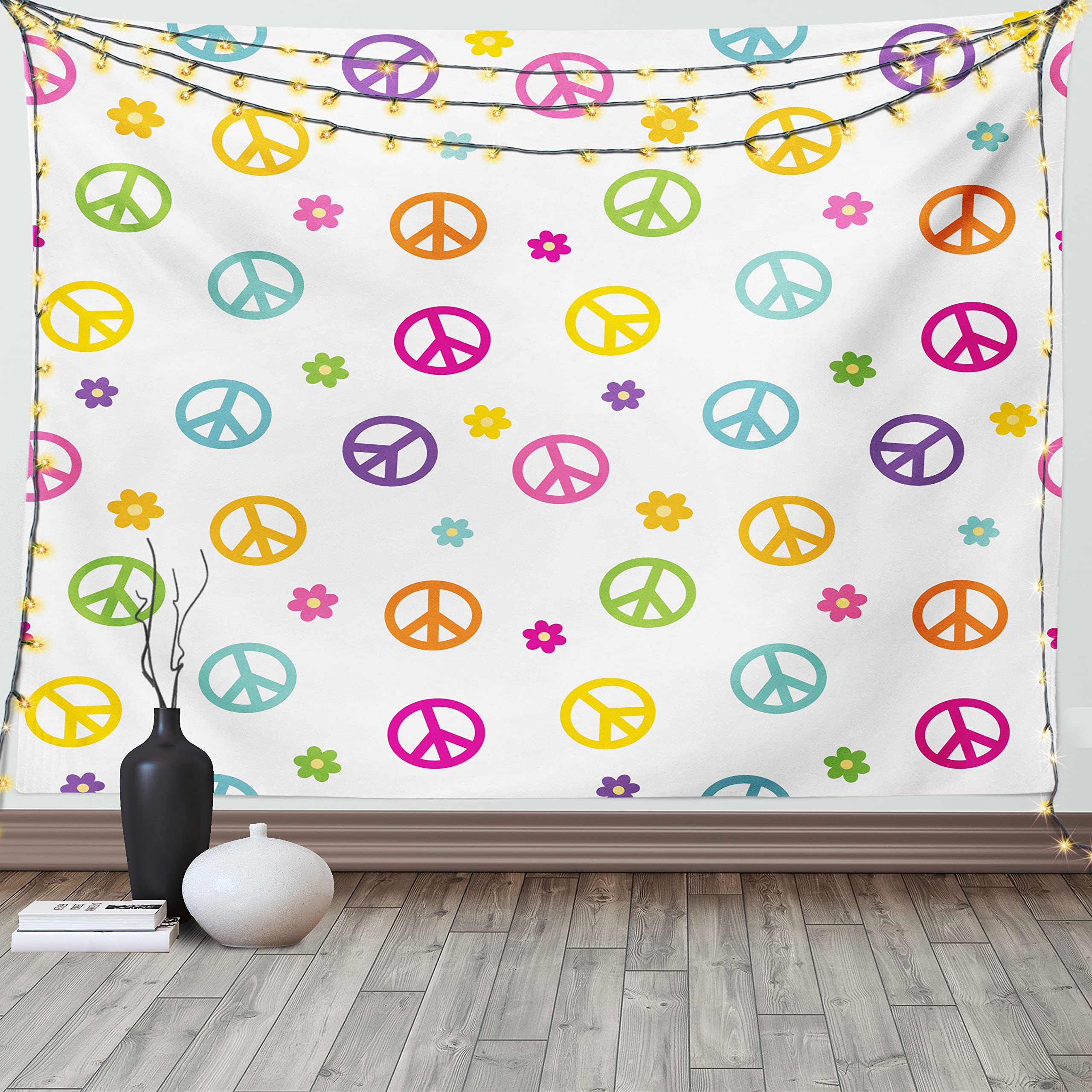 ABAKUHAUS Groovy Tapestry, Peace Symbol Lifestyle Sign Slogan Celebration Merry Jolly Happy Theme Artful Design, Fabric Wall Hanging Decor for Bedroom Living Room Dorm, 58 W X 43 L, Multicolor