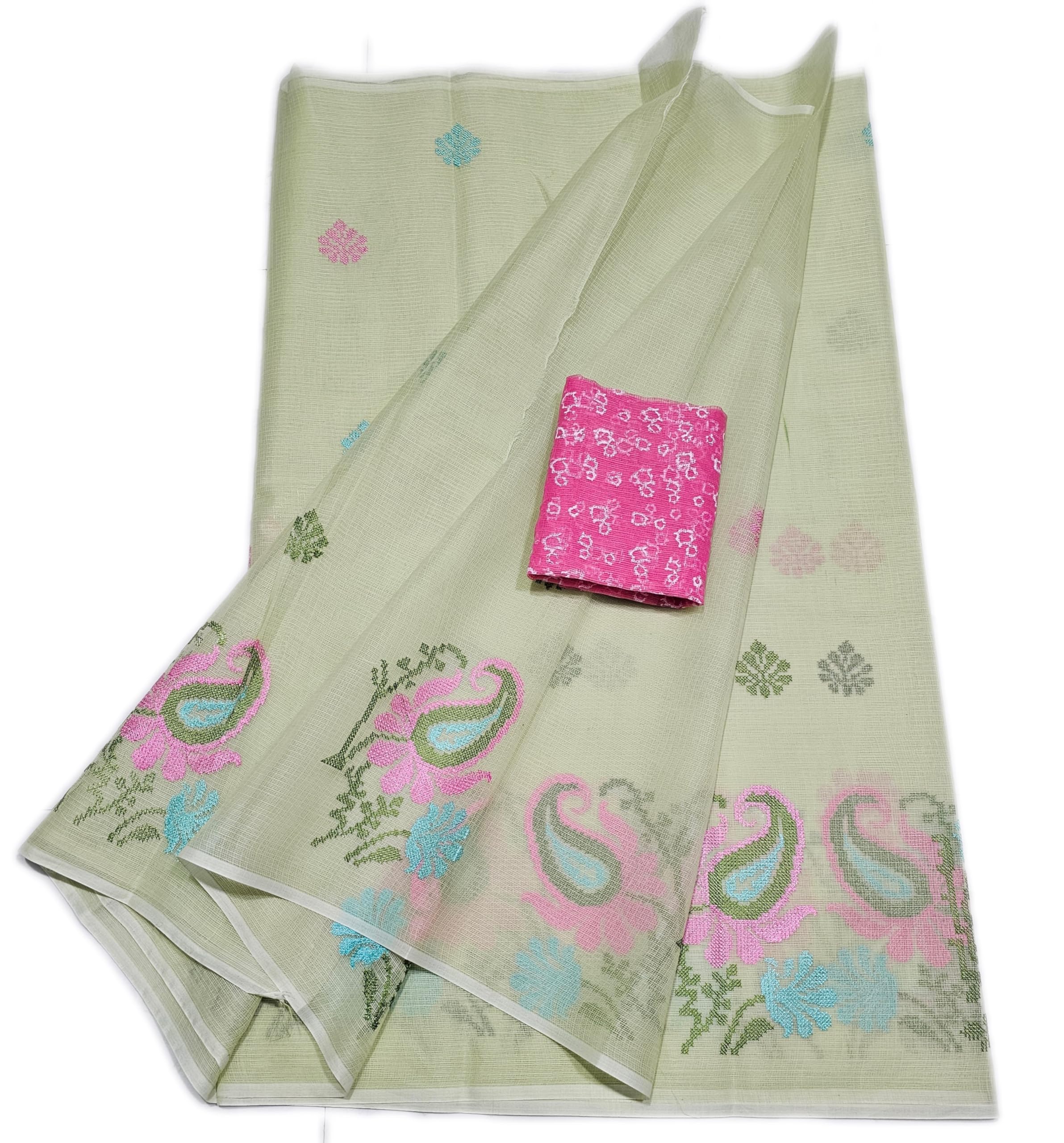 Women's Kota Doria Cotton Saree With Floral Embroidery Paisley Design Extra Contrast Blouse (abdAM)-picture-27