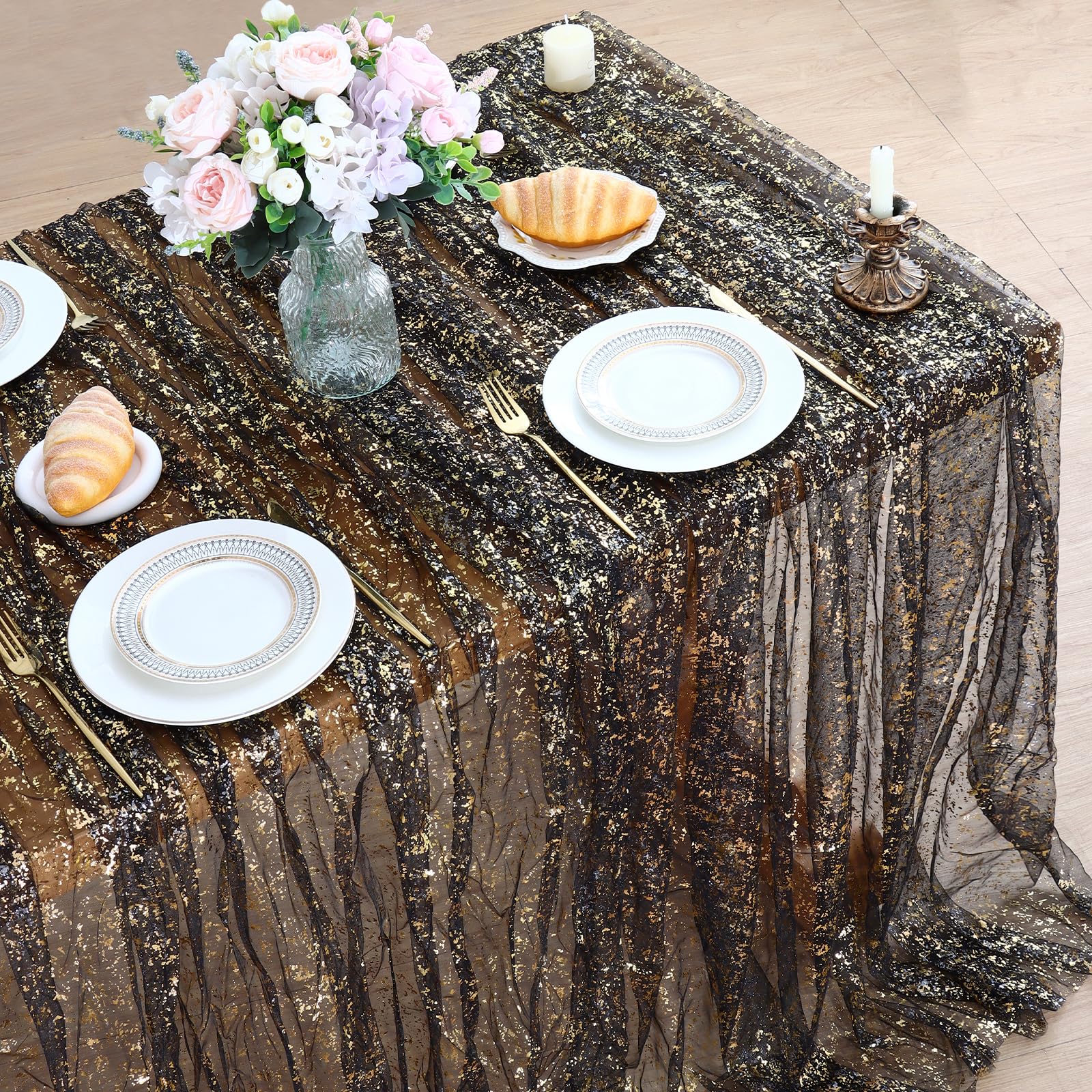 Table Cloth Gold Gauze 152x213cm, Glitter Tulle Tablecloth, Golden Foil Sheer Cheesecloth for Dining Wedding Birthday Christmas Bridal Baby Shower Party Table Deko (Black Gold, 152x213cm-1PCS)