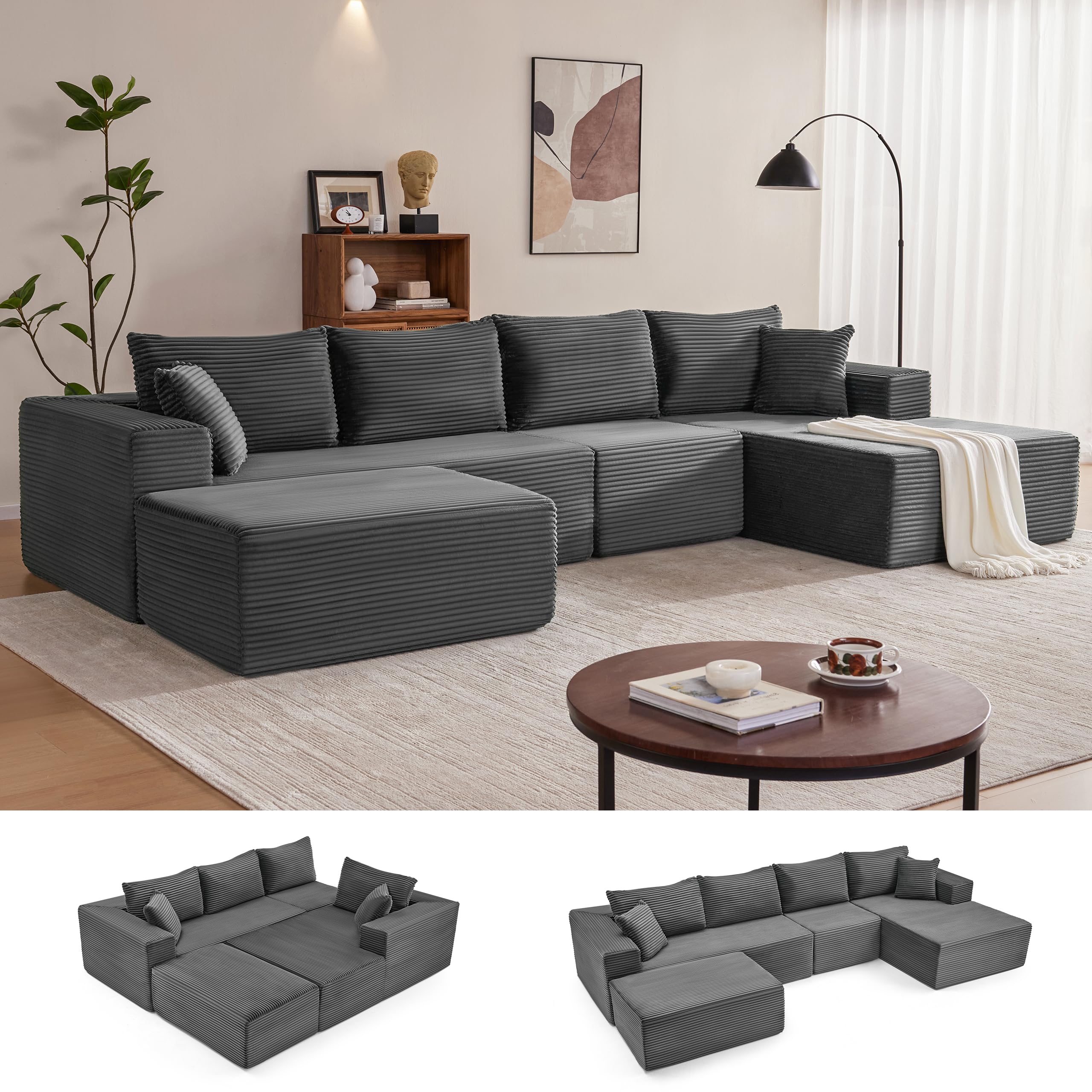 Mangodan 140” Cloud Sectional Couch, Boneless Sofa for Living Room, Modular Sectional Sofa with Deep Seat, Comfy Fluffy U-Shaped Couch with Right-Facing Chaise, No Assembly Required, Grey