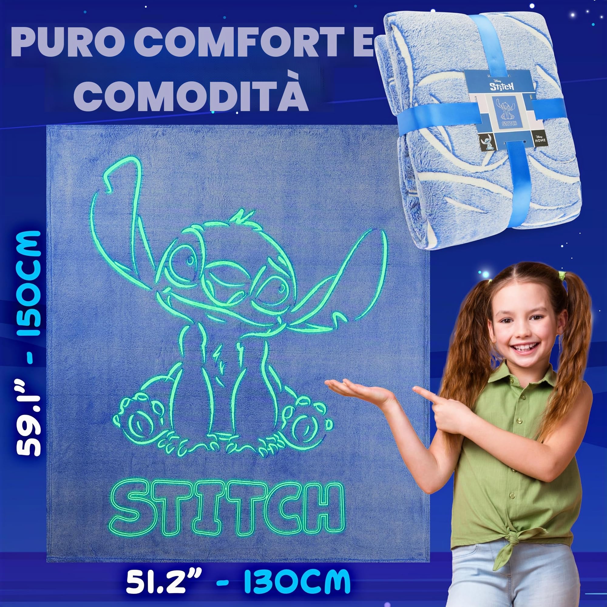 Get Trend Disney Stitch Coperta che si Illumina al Buio 130x150cm, Coperte Pile per Divano e Letto, Si Illumina Dopo 15-30 Minuti, Accessori Letto (Viola Stitch)