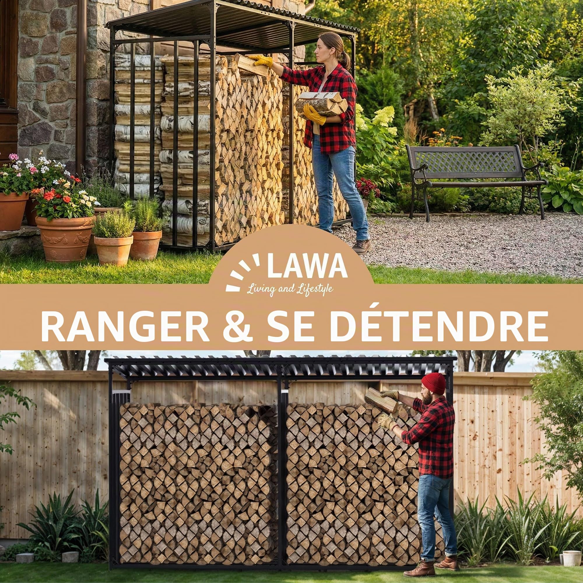 Abri à bûches extérieur en métal avec toit 300x105x185cm galvanisé | Résistant aux intempéries, Capacité 5 m³, Rangement bois de chauffage, XXL 3 m