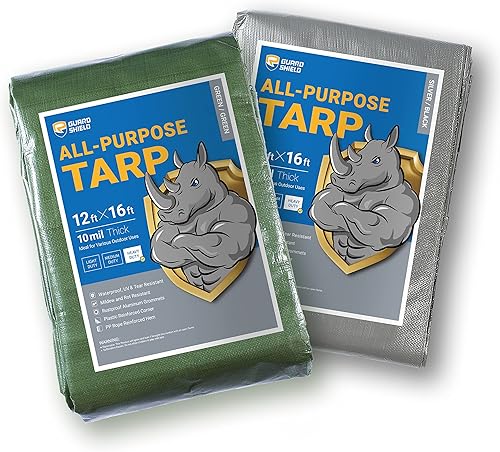 GUARD SHIELD Lonas resistentes paquete de 2 unidades, color verde y plateado y negro, de 12 x 16 pies, impermeable, lona gruesa resistente a los