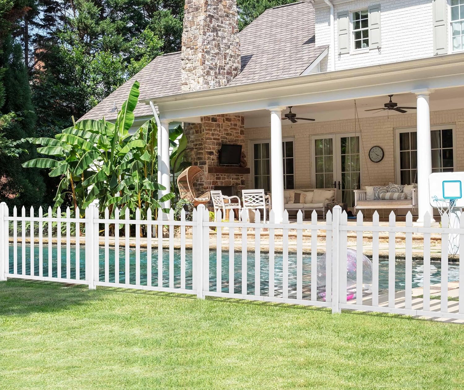 Windscreen4less 3 Sets 84" W x 30" H Vinyl Picket Fence Panels with Ground Spike Decorative PVC Barrier Fencing for Porch Patio Front Door Yard Garden Pool with 20 Pickets (Straight)