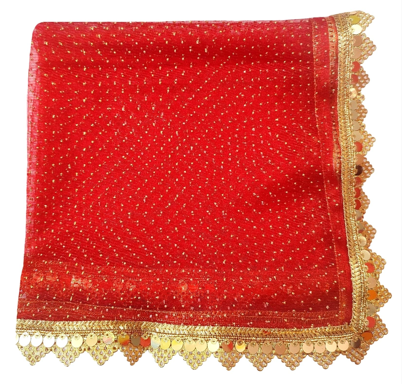navti creations Mata Ki Chunri (chunni) With Gold Print/Women's Red Net Dupatta For Pooja & Functions With 4 side Golden Frill (Red,Length - 2m)-picture-28