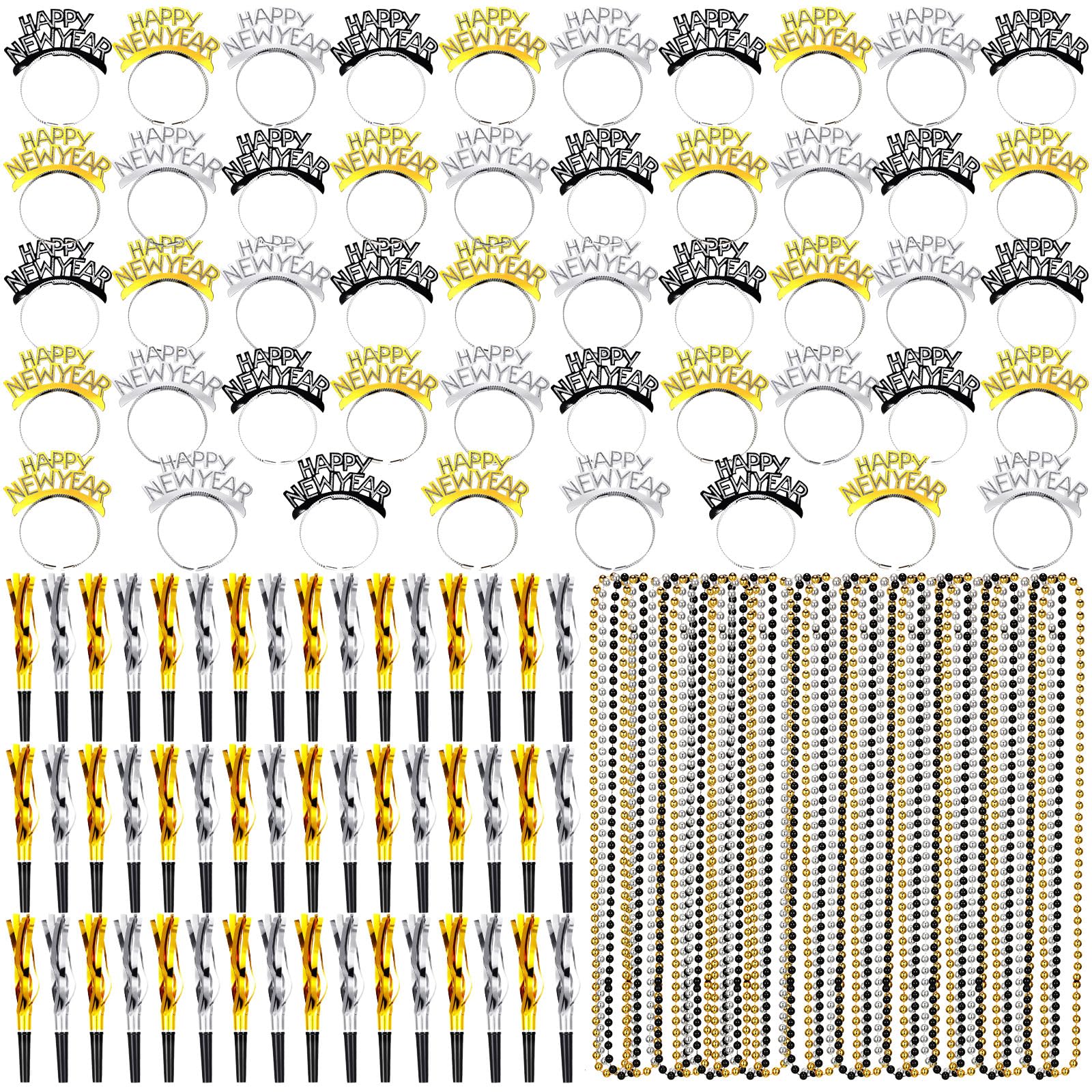 Riceshoot 144 Pcs 2024 New Years Eve Party Supplies Includes Happy New Year Headband Tiara Gold Silver Metallic Fringed Noise Maker Bead Necklaces New Year's Eve Party Favors for Kid Adult