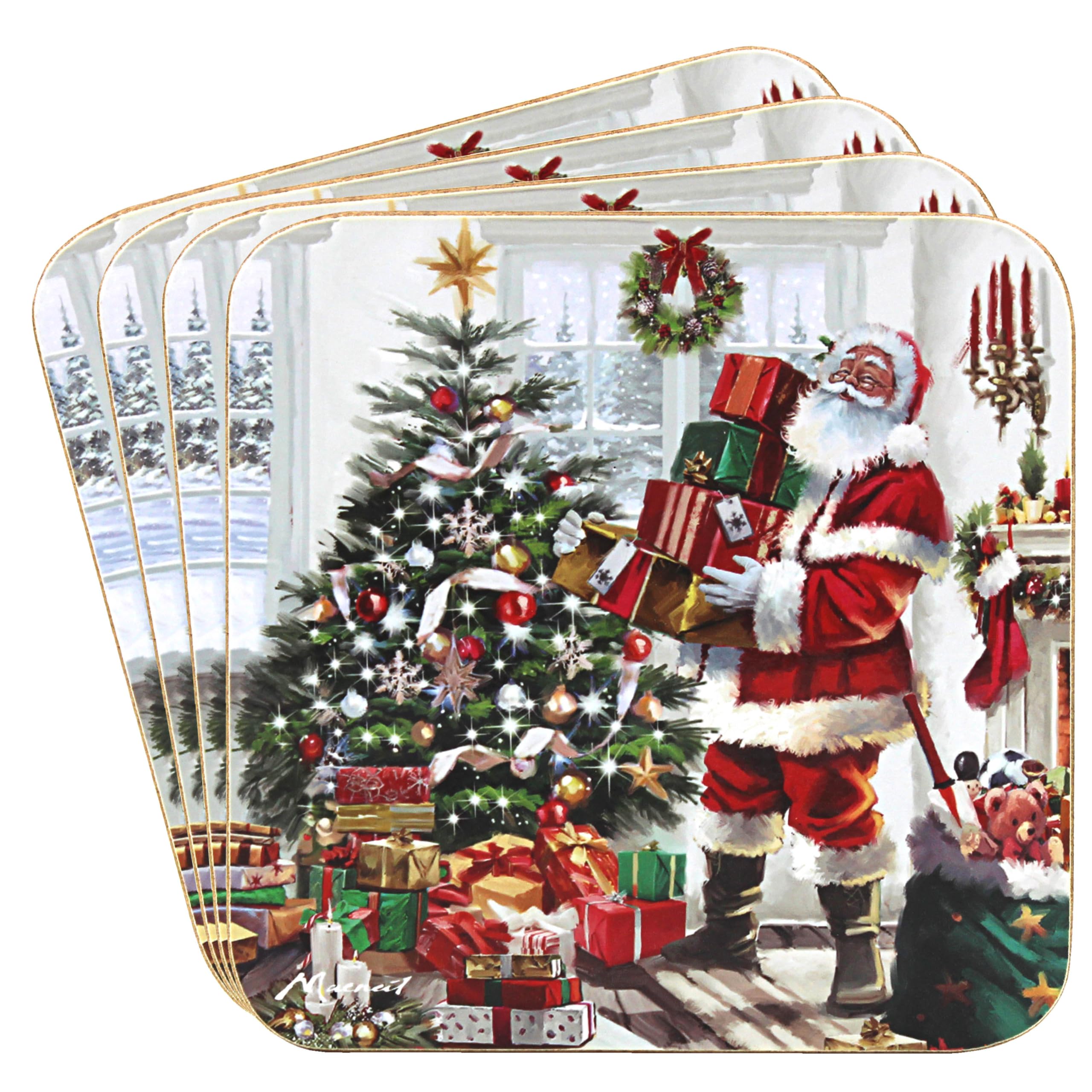 The Leonardo Collection Santa Coasters Set 4 Santa Coasters – Set Of 4 For Home & Office | Stylish Drink Mat For Kitchen & Dining | Durable Drink Coasters For Tabletops | Decorative Home Accessories For Drinks