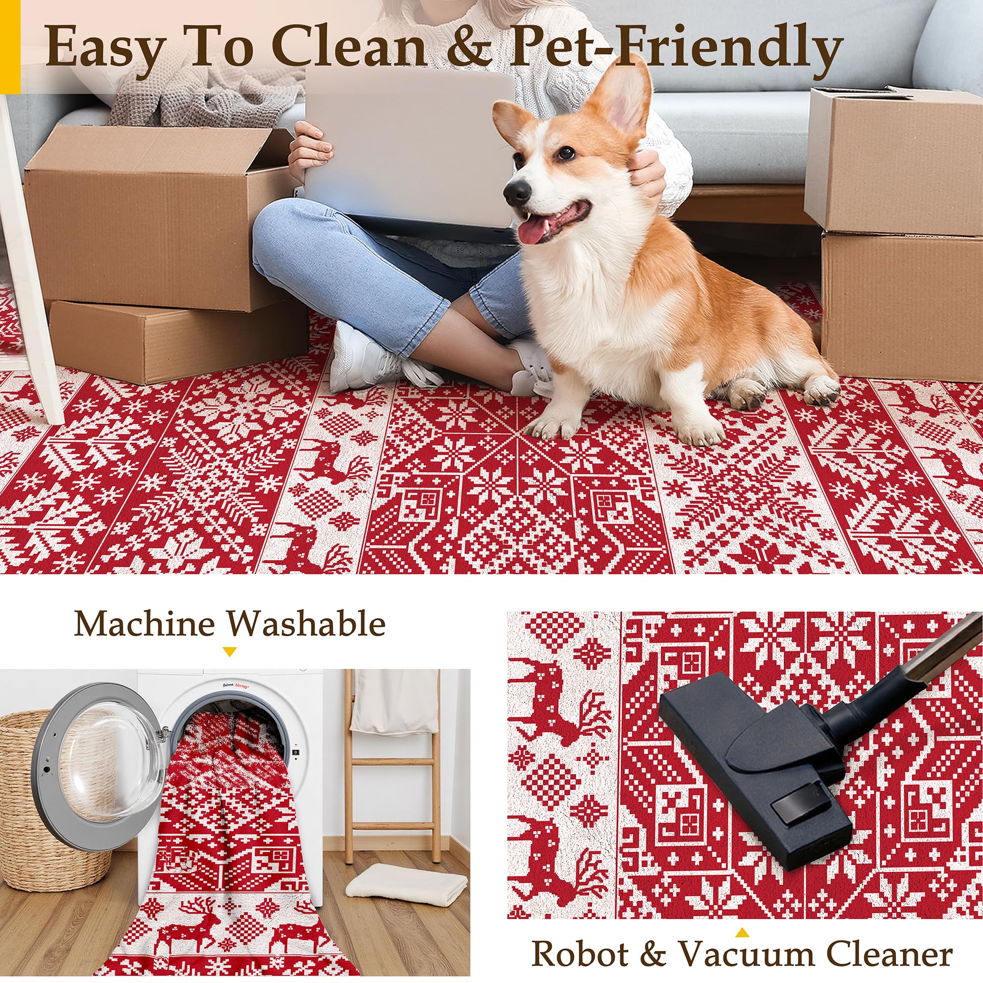 Tapis de couloir de Noël lavable flocon de neige antidérapant 60 x 180 cm rouge PureCozy