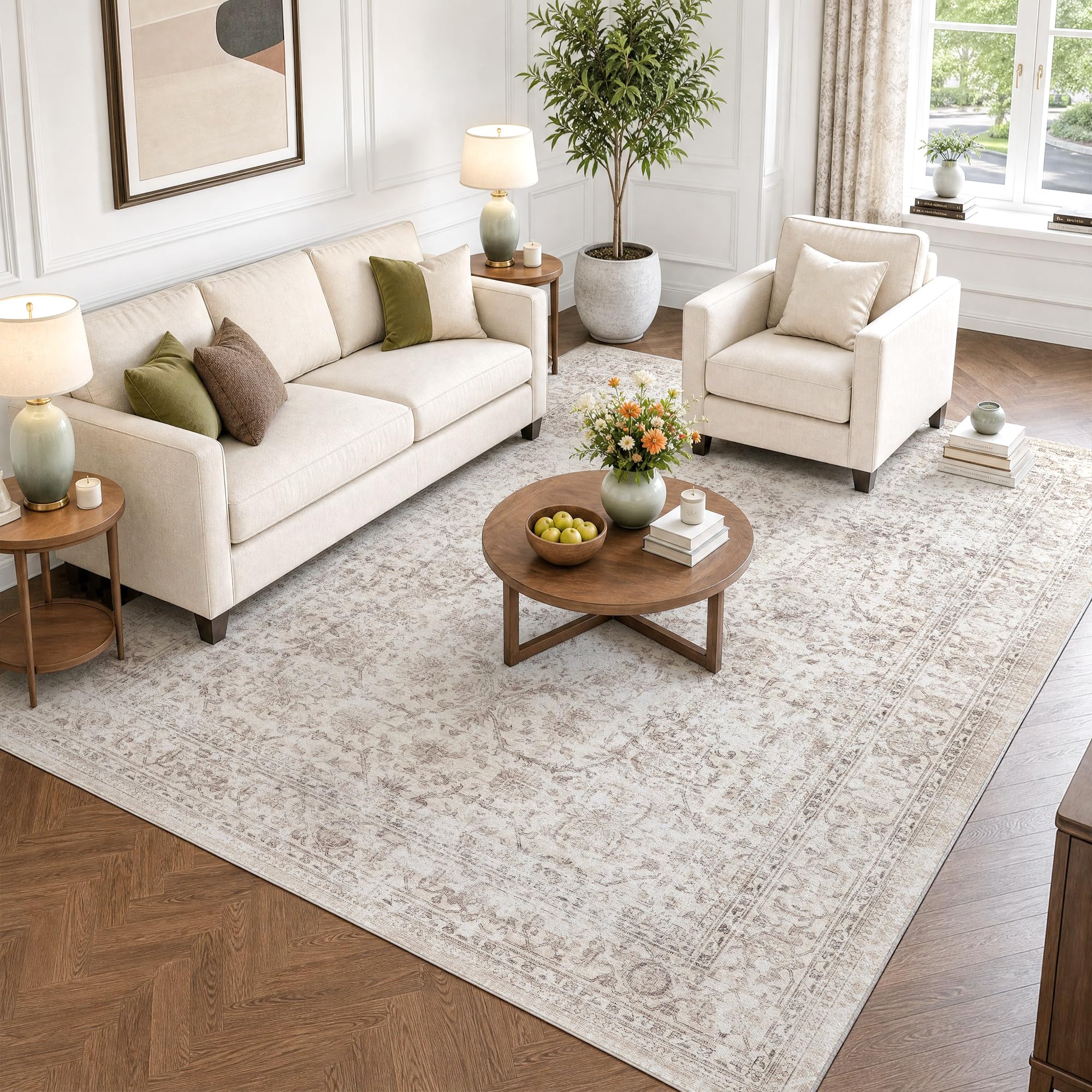 FMFUNCTEX 5x8 Washable Beige Neutral Vintage Large Living Room Area Rug