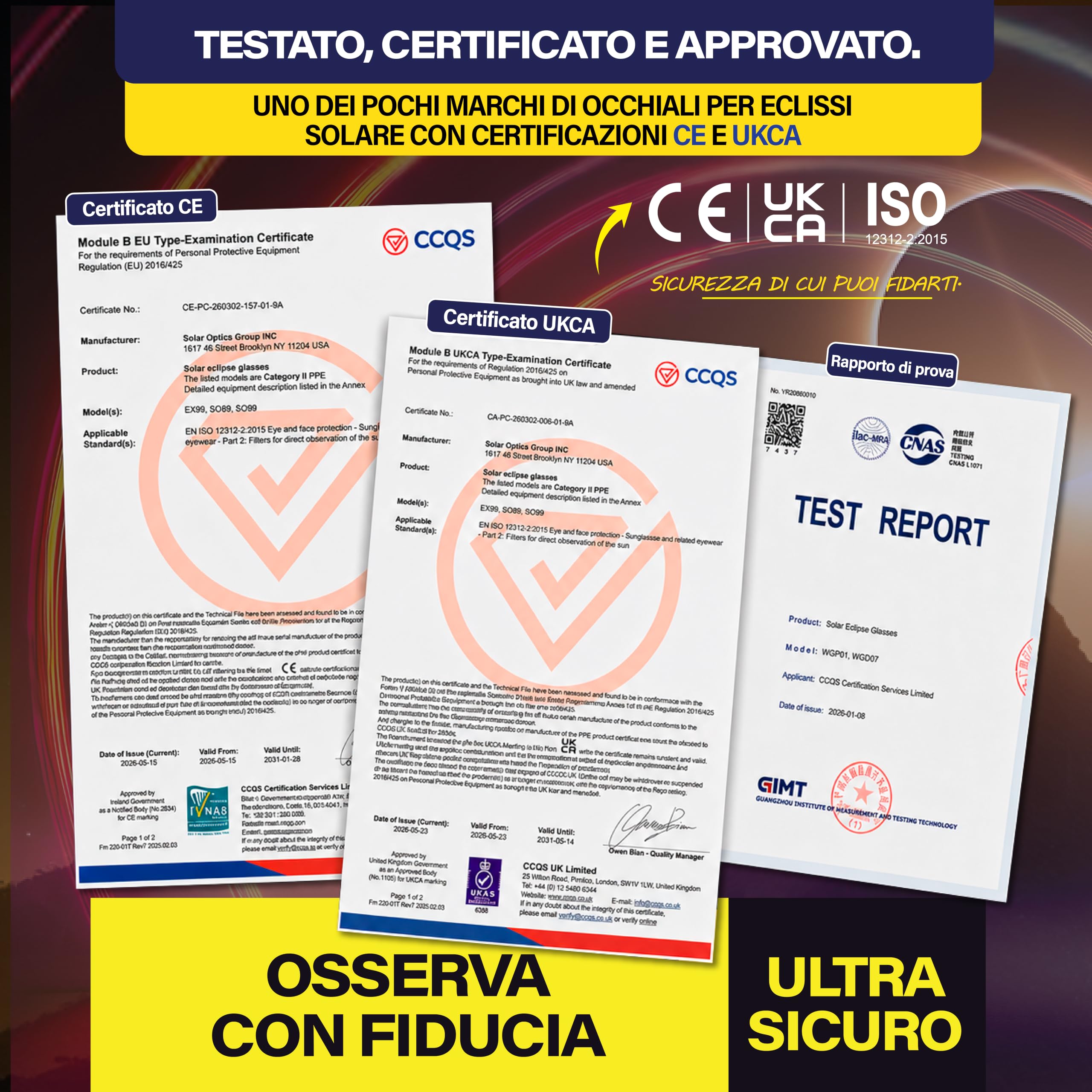 Occhiali per Eclissi Solare – Certificati ISO 12312-2 e CE, Protezione Sicura per Osservazione del Sole, AAS 2026, Confezione Multipla