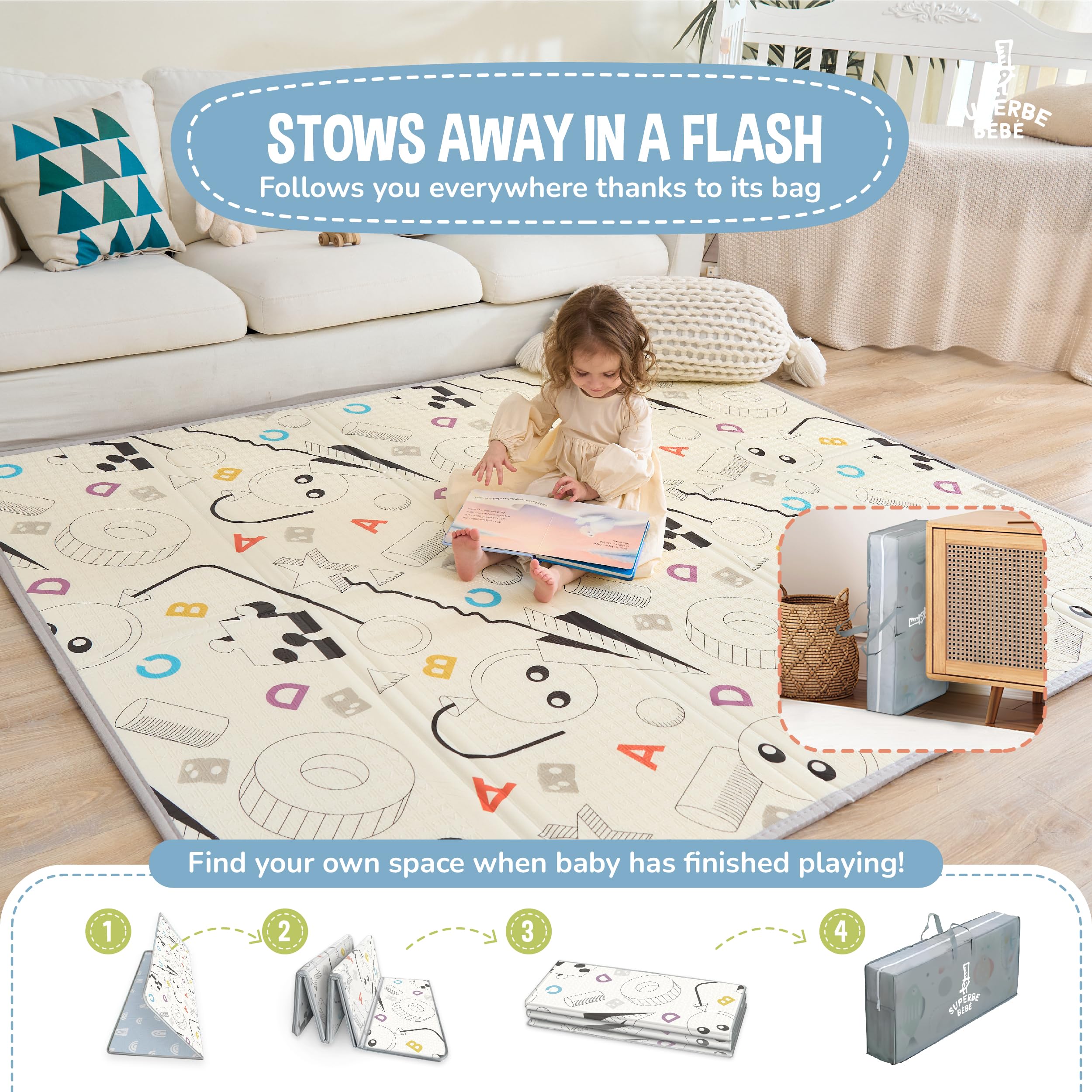 Tapis D'éveil Bébé Pliable Epais Réversible 180x200x1.5cm - Tapis De Jeu Pour Enfant Bebe - Tapi s De Sol XXL En Mousse Et De Motricité Favorisant Le Développement Sensoriel - Cadeau Naissance Bébé - 3