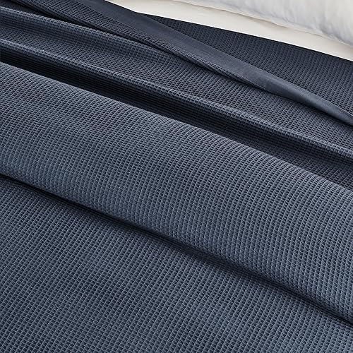 Miniatura 6 de Great Bay Home Manta de algodón 100 % algodón con tejido de gofre, tamaño matrimonialqueen, ligera y transpirable, suave manta de cama azul océano,