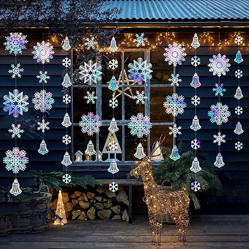 Miniatura 4 de Decoración de fiesta de copos de nieve iridiscentes de 40 pies, guirnalda holográfica de copos de nieve grandes, telón de fondo para invierno, país