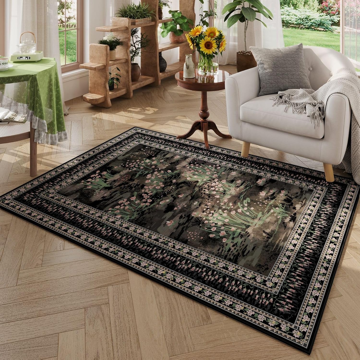 Rugcomf 4x6 Rug for Bedroom Impressionist-Style Vintage Washable Rugs Non Slip Low Pile Small Carpet for Bedside Kids Room Office Dining Room, Black