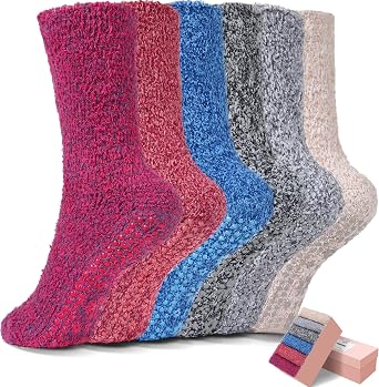 HUGSWEET 6 Pairs Thick Fuzzy Socks with grips for Women, Non Slip Socks