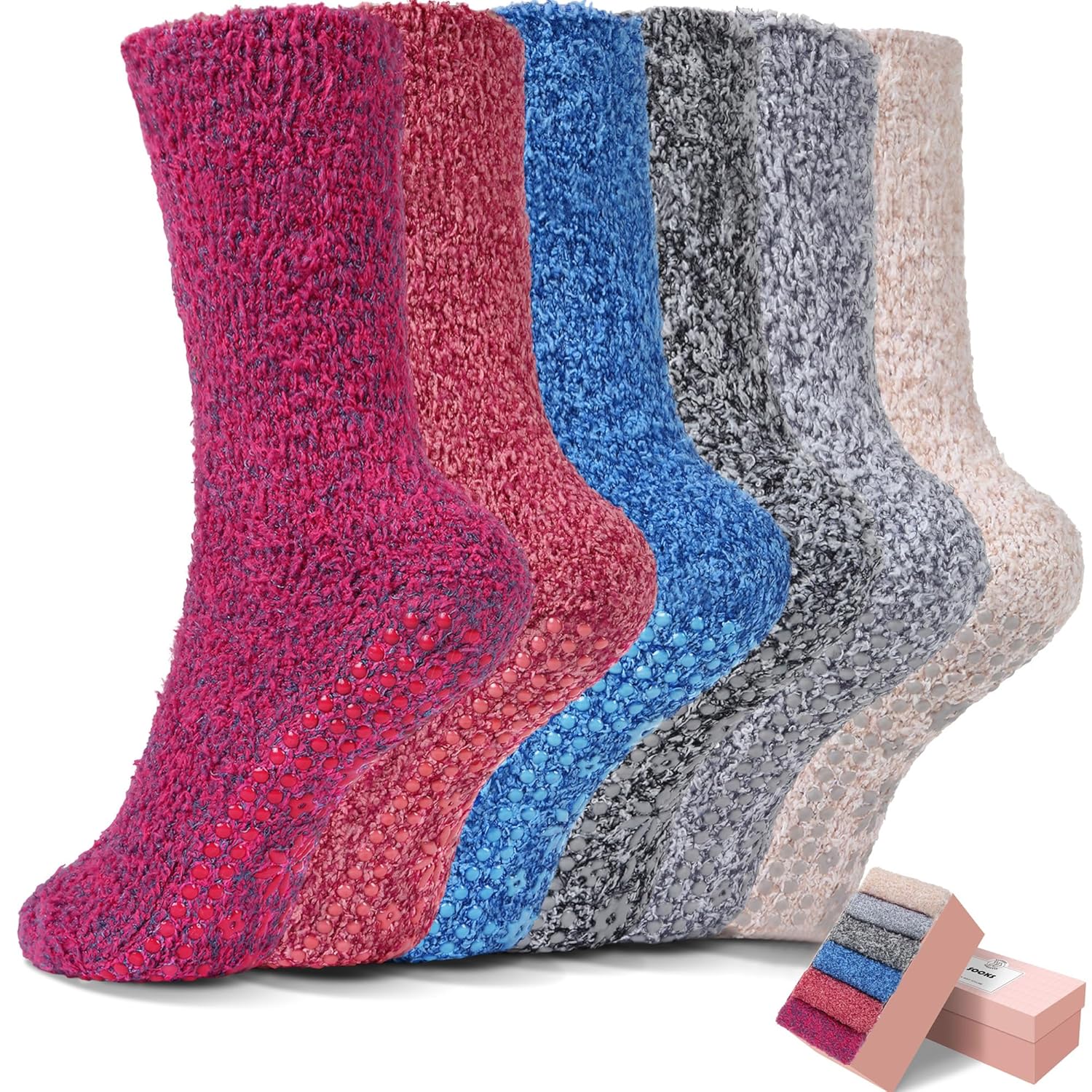 HUGSWEET 6 Pairs Thick Fuzzy Socks with Grip Cozy Non Slip Hospital Socks Home Fluffy Warm Slipper Socks