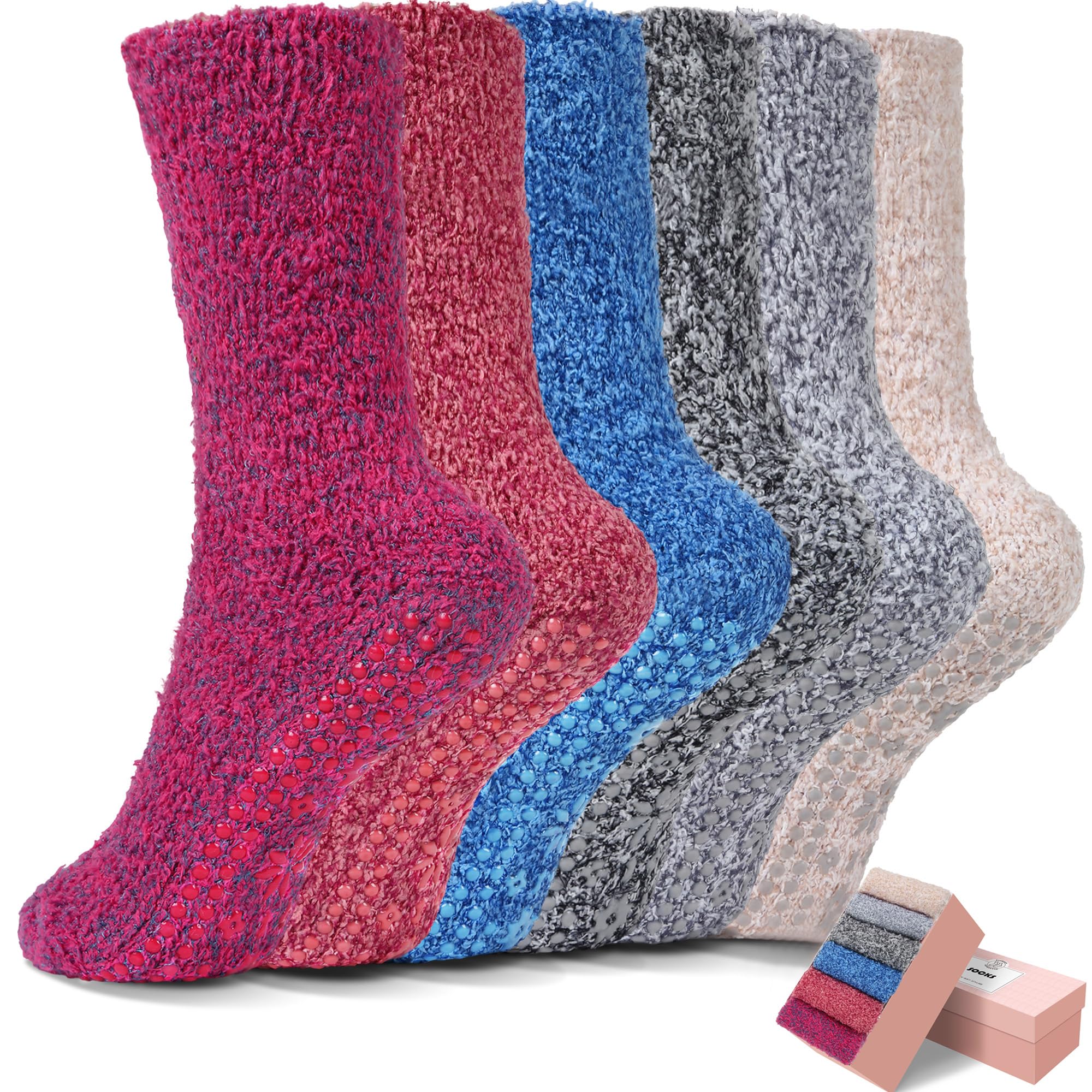 HUGSWEET 6 Pairs Thick Fuzzy Socks with Grip Cozy Non Slip Hospital Socks Home Fluffy Warm Slipper Socks